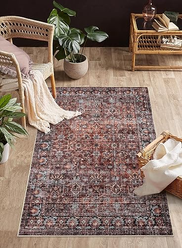 Miniatura 8 de LIVEBOX Alfombra lavable bohemia de 3 x 5 pies para cocina, dormitorio, antideslizante, alfombra roja para puerta delantera, para entrada, alfombra