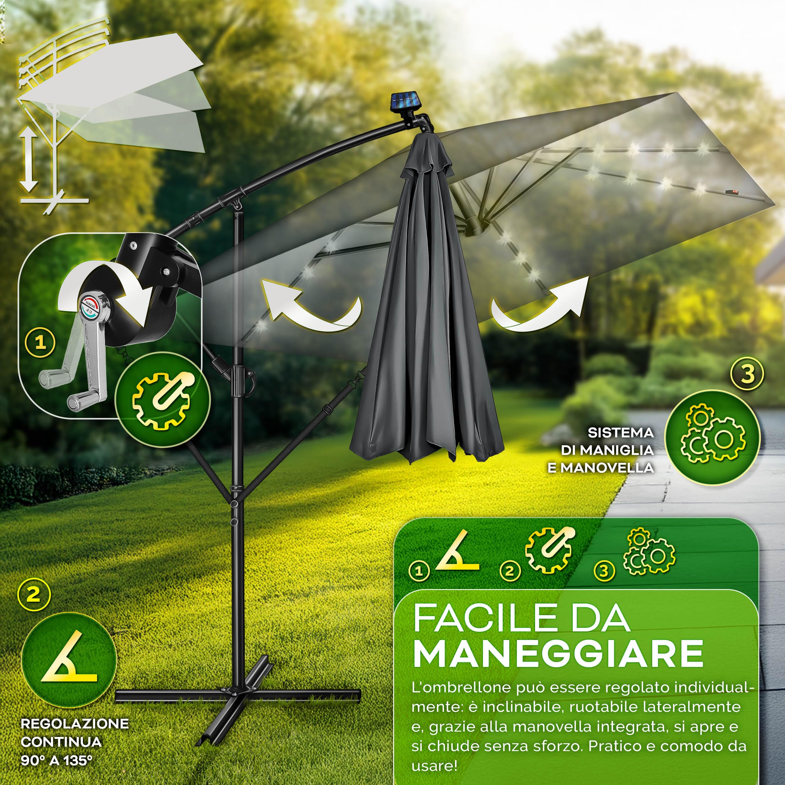 tillvex® Ombrellone da Giardino Rettangolare Ø 330 cm + Copertura con Manovella | Ombrellone Decentrato con Base & Protezione Antivento | Impermeabile & Girevole a 360°