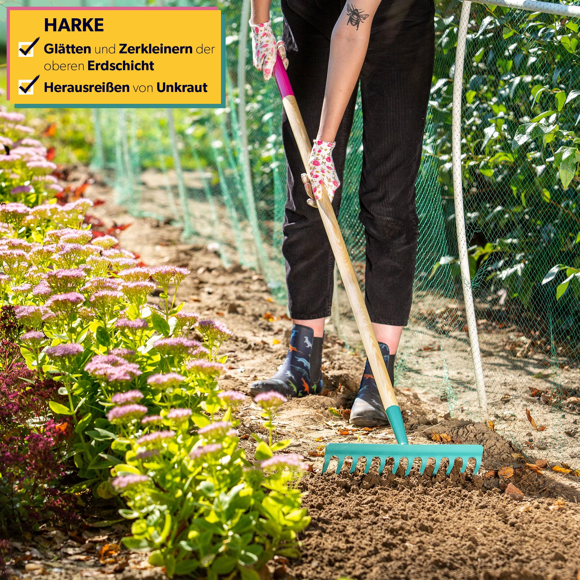 KADAX Gartenwerkzeug-Set, 4er Set, Metall Spaten, Rechen und Hacke, Gartenwerkzeug für Damen, Inclusive Handschuhe, Gartenset, Gartengeräte