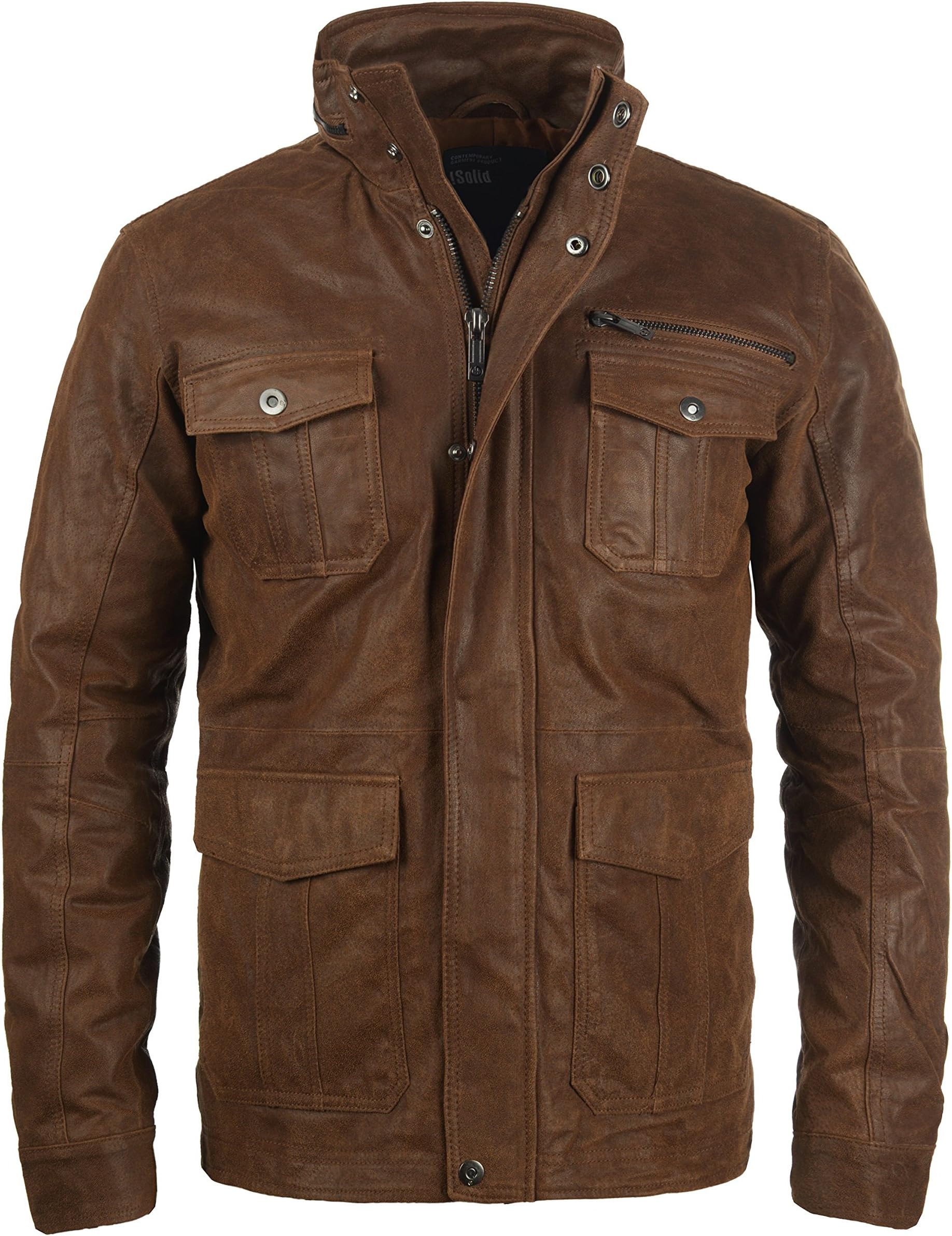 Solid Lash Men's Leather Jacket Biker Jacket with Funnel Neck Made of Genuine Leather