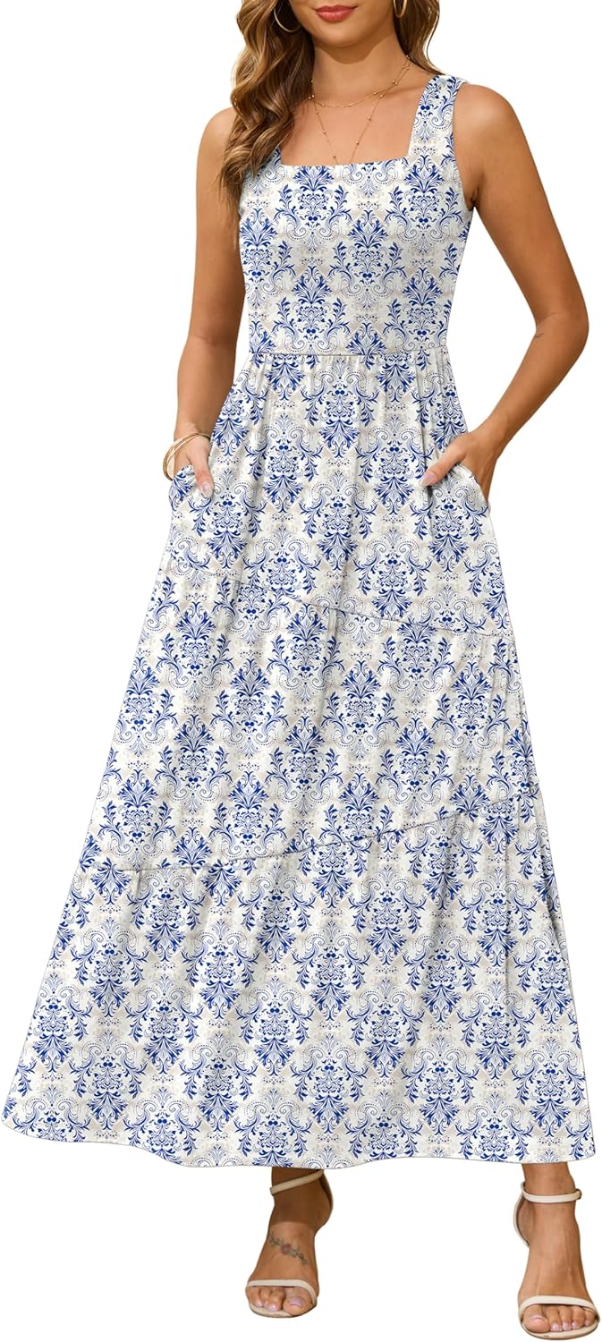 Kranda 2026 Summer Sleeveless Long Beach Sundress Square Neck Tank Top Tiered Maxi Dress with Pockets