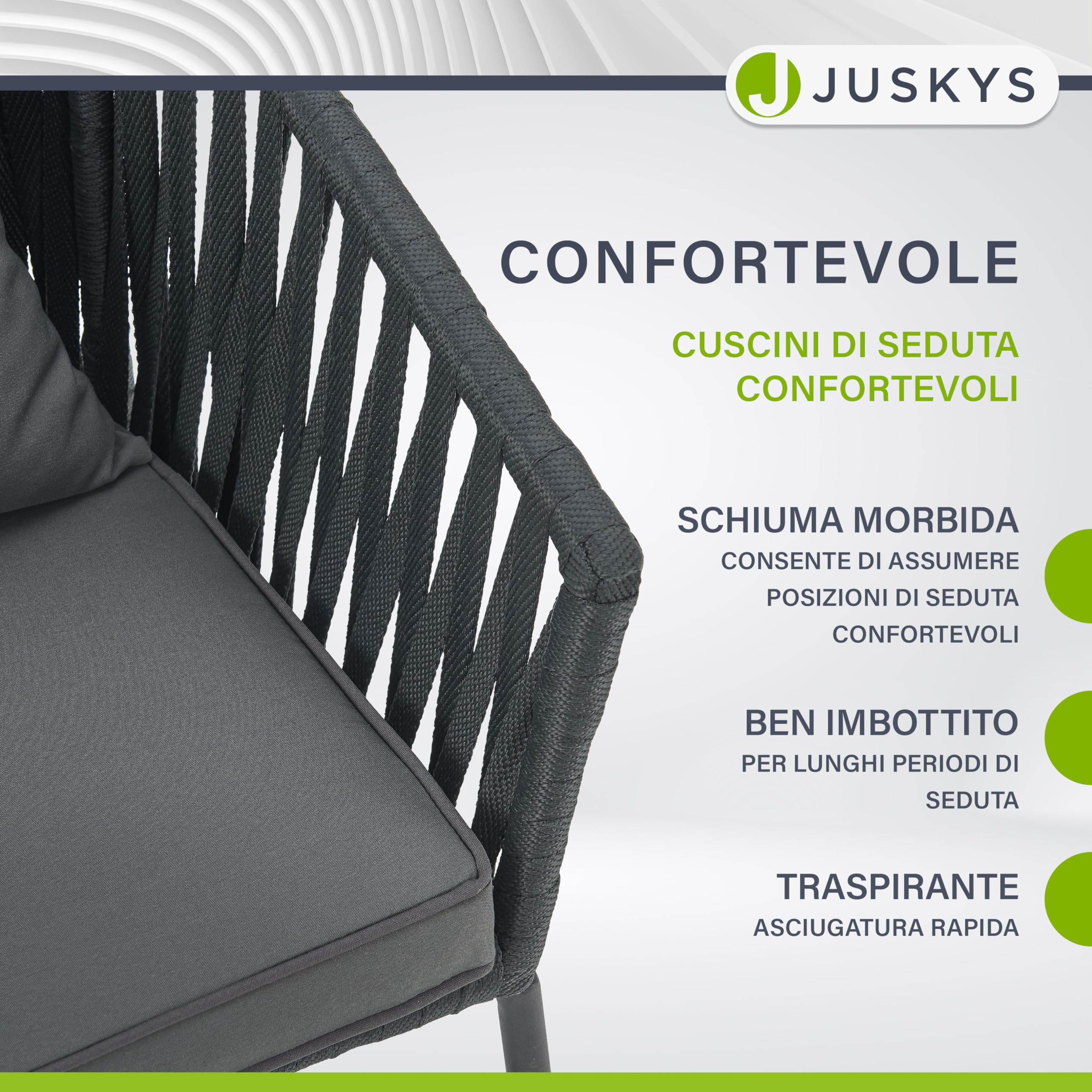 Juskys Sedie da giardino Rope set 2 pezzi – Resistenti alle intemperie – con cuscini per seduta e schienale in poliestere – Grigio scuro