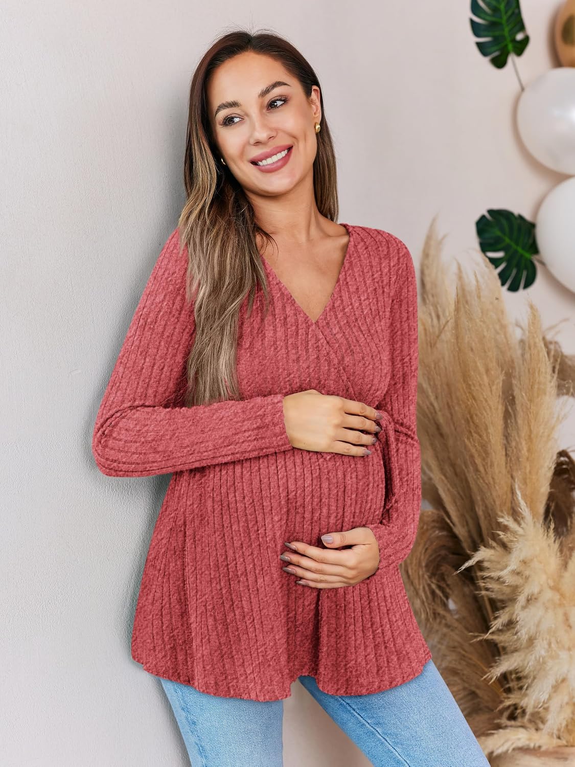 FMEYOA Womens Maternity Shirts Long Sleeve Pregnancy Tops Casual V Neck Ribbed Knit Pregnant Blouses