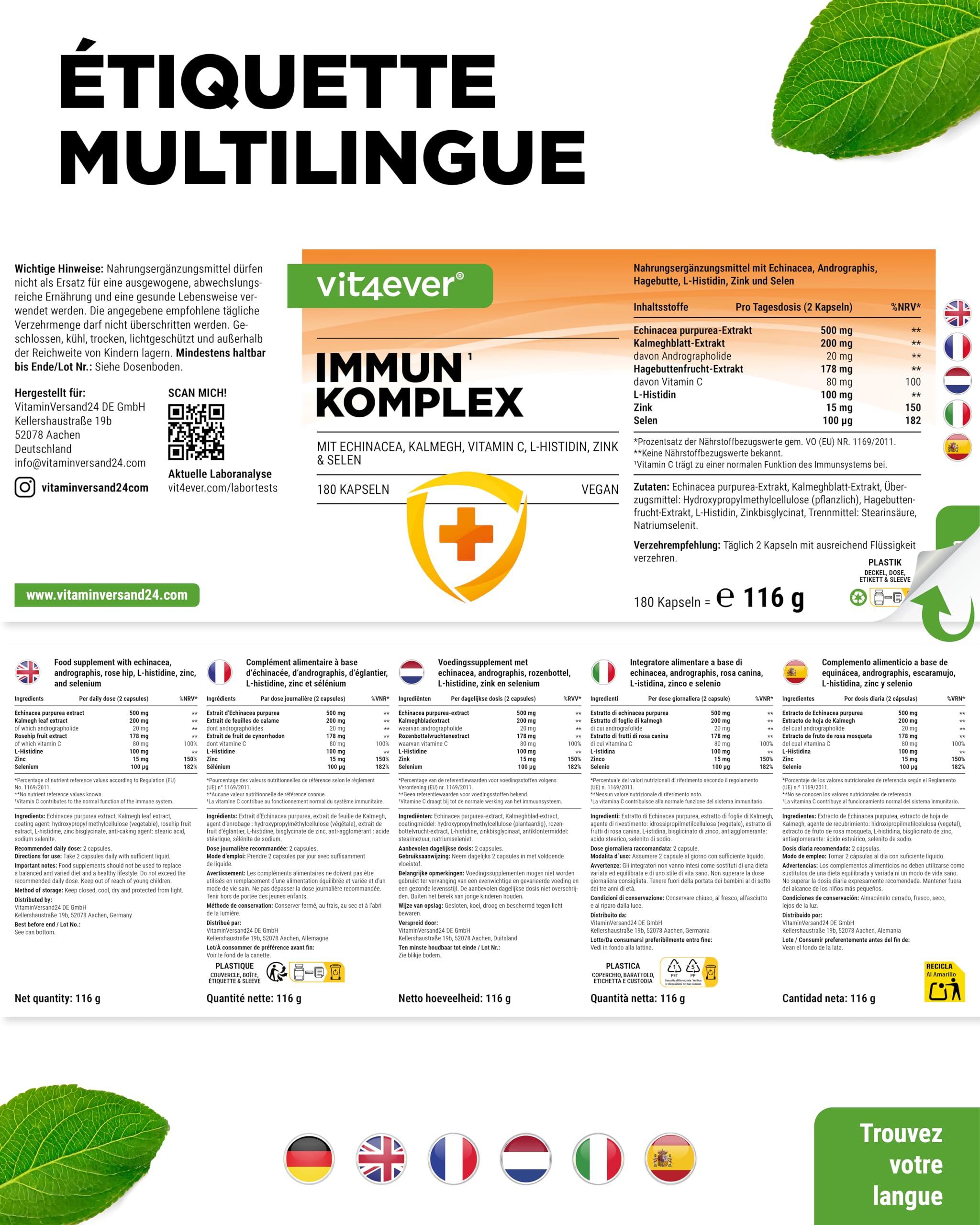 Complexe Immunitaire à Forte Dose - 180 gélules pour 90 jours - 500 mg d'Échinacée, de Kalmegh, d'Églantier, de Vitamine C, de L-Histidine, de Zinc et de Sélénium - Vegan, sans additifs inutiles