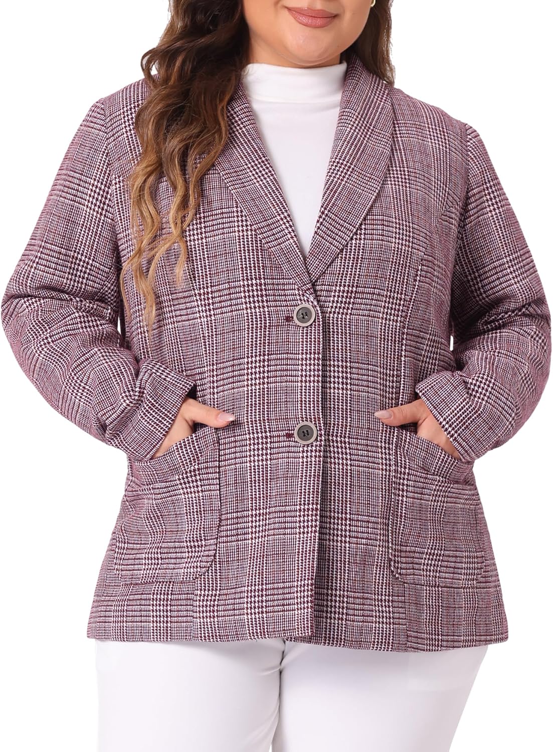 Agnes Orinda Plus Size Plaid Blazer for Women Lapel Jacket Work Office Single Breasted Blazers