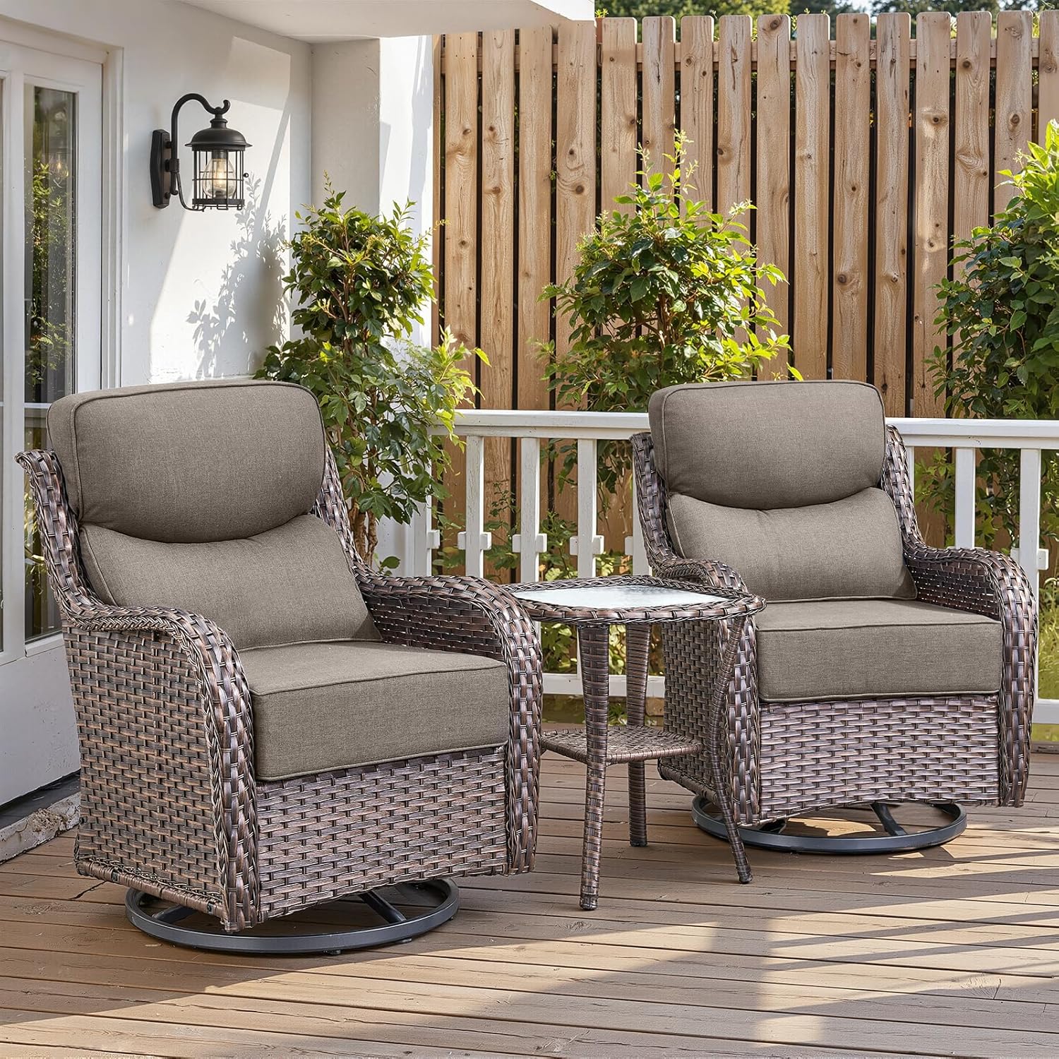 Belord Luxury 6" Thick Cushioned Outdoor Swivel Rocker Patio Chairs with Side Table, High Back Wicker Furniture Set with Ergonomic Zone Back, Conversation Glider Set for Deck Porch - Brown+Grey