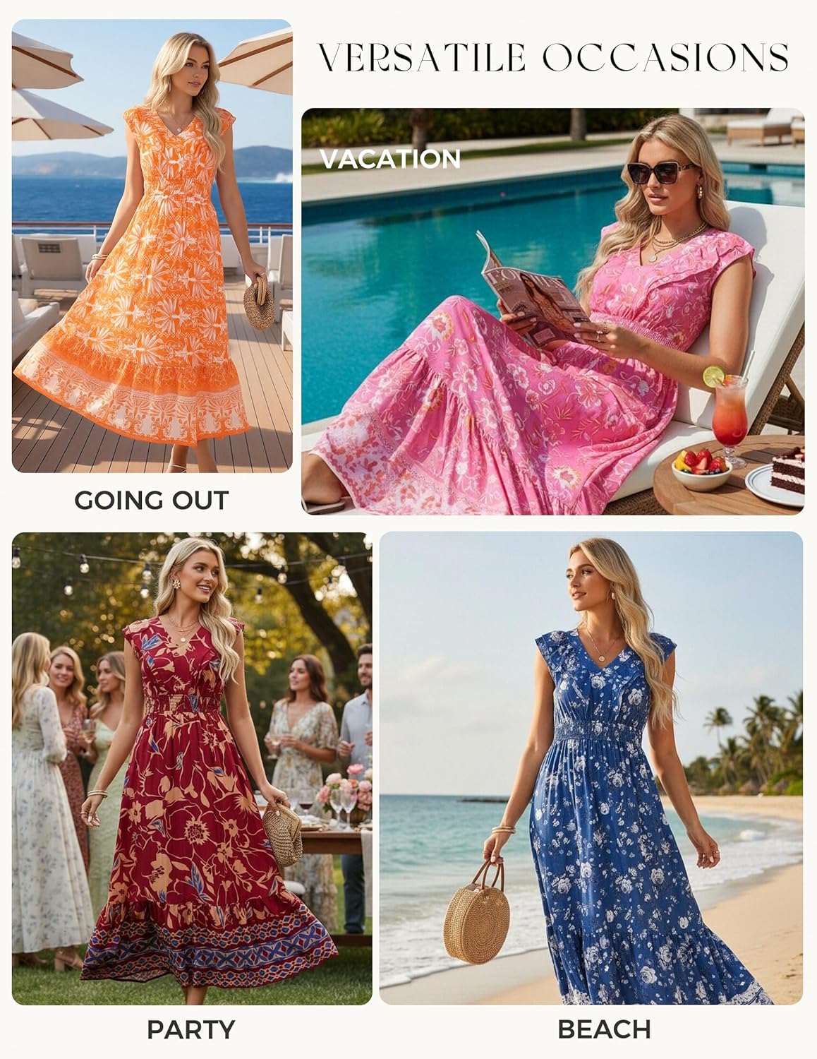 GRACE KARIN Women's 2026 Summer Floral Midi Dress,V Neck Ruffle Cap Sleeve Dresses,Flowy Wedding Vacation Beach Dresses - Image 6