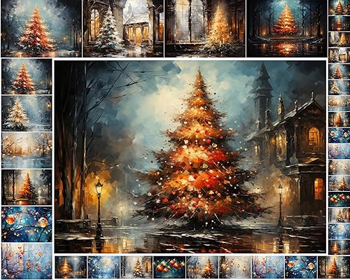 Decoupage - Paquete de papel (35 hojas de 6 x 8 pulgadas), increíbles y acogedoras pinturas de grandes árboles de Navidad y otras decoraciones FLONZ