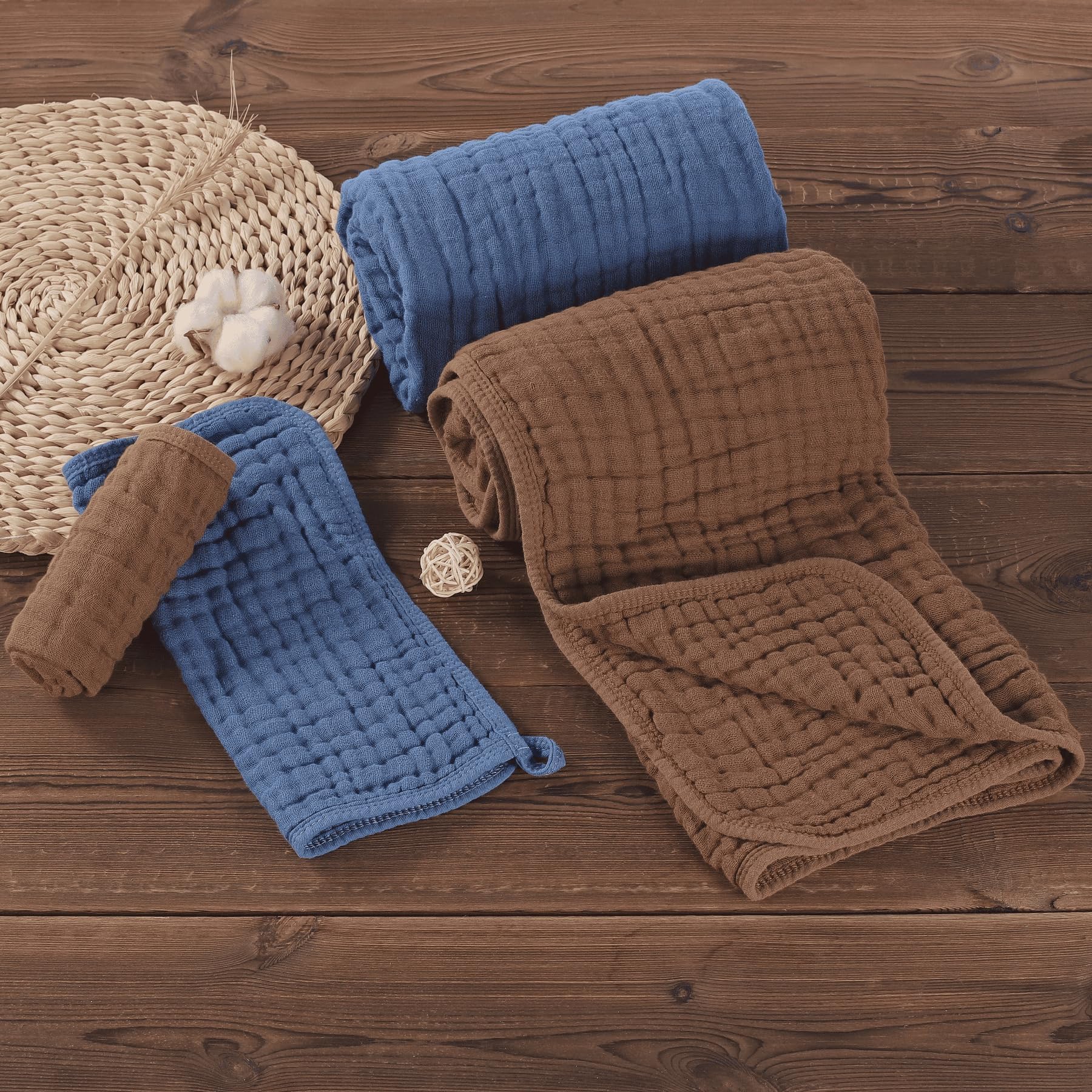 Toallas de baño de muselina para bebé, paquete de 4 toallas de baño de muselina de alta calidad, 6 capas, de algodón natural, suaves y cómodas para niños y niñas (café y azul)