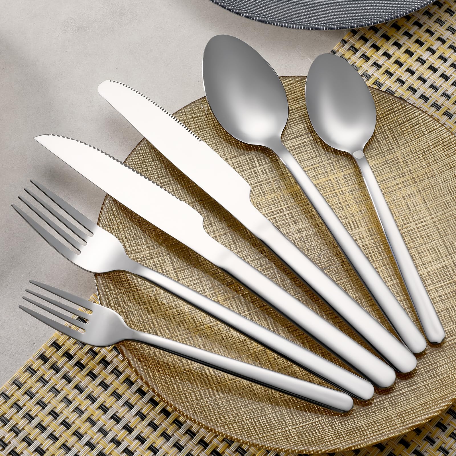 24 Pcs Silverware Set with Steak Knives, Stainless Steel Flatware Set for 4, Food-Grade Cutlery Set, Mirror Polished Tableware Eating Utensils Set for Kitchen, Knife Fork Spoon Set, Dishwasher Safe