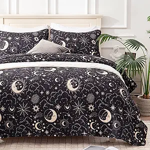 EXQ Home Quilt Set King Size Black Print 3 Piece,Lightweight Soft Coverlet Modern Style Sun Starry Pattern Bedspread Set(1 Quilt,2 Pillow Shams)