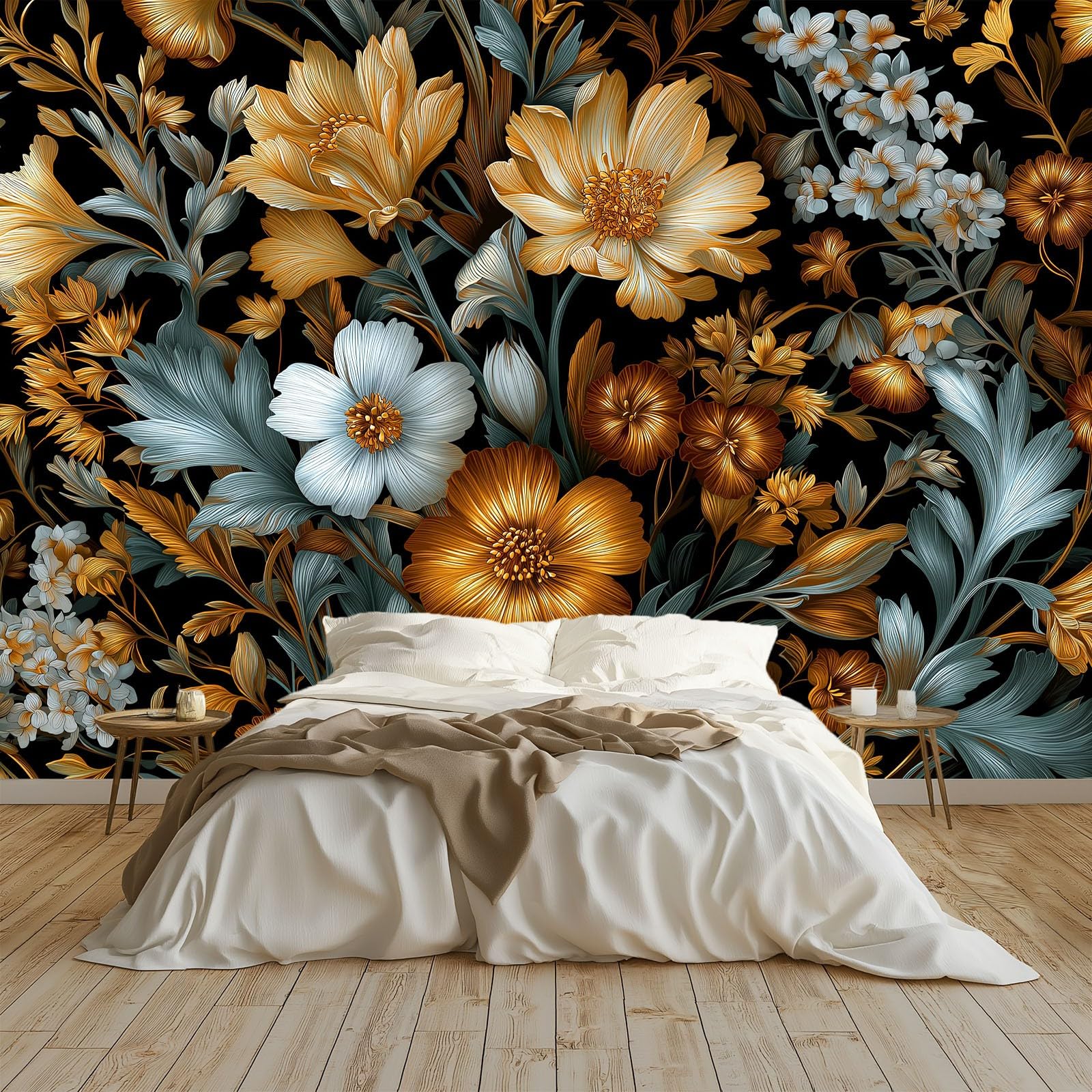 Générique Tapeta panoramiczna 3D w stylu vintage kwiaty rośliny liście ciemnozielona 350 x 256 cm, tapeta z włókniny - fresk ścienny do salonu, sypialni i biura, dekoracja ścienna druk HD