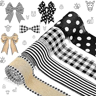 4 Rolls 24 Yards Christmas Farmhouse Buffalo Plaid Ribbons Wired Edge 2.5 Inch Farmhouse Burlap Ribbon Black White Stripe Wrapping Ribbon Polka Dot Roll Assorted Black Ribbon for Crafts DIY Garland
