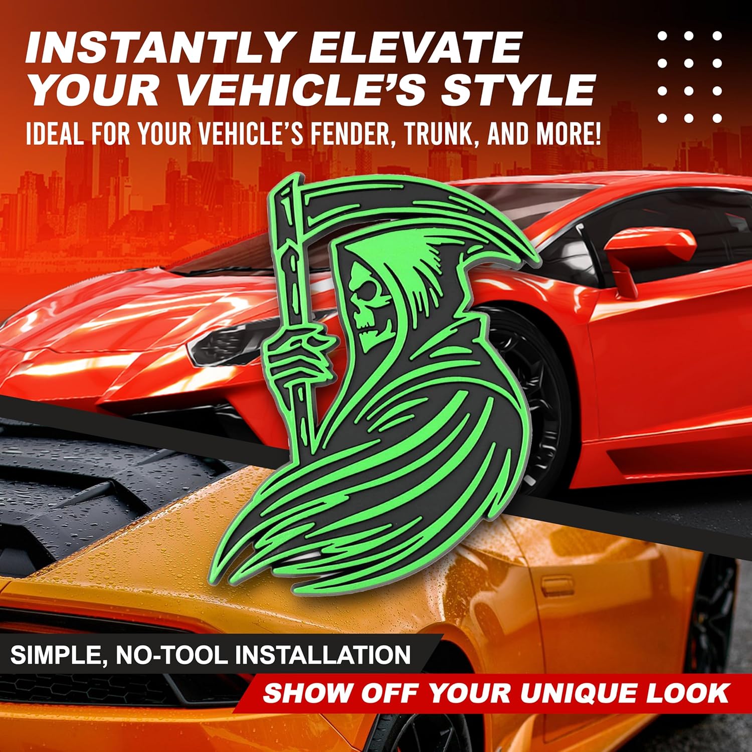 Grim Reaper Emblem 3D Skull Badge – Custom Car Decal Sticker for Car, Truck, SUV – Durable Exterior Trunk, Hood, Fender (Set of 2) (Green)