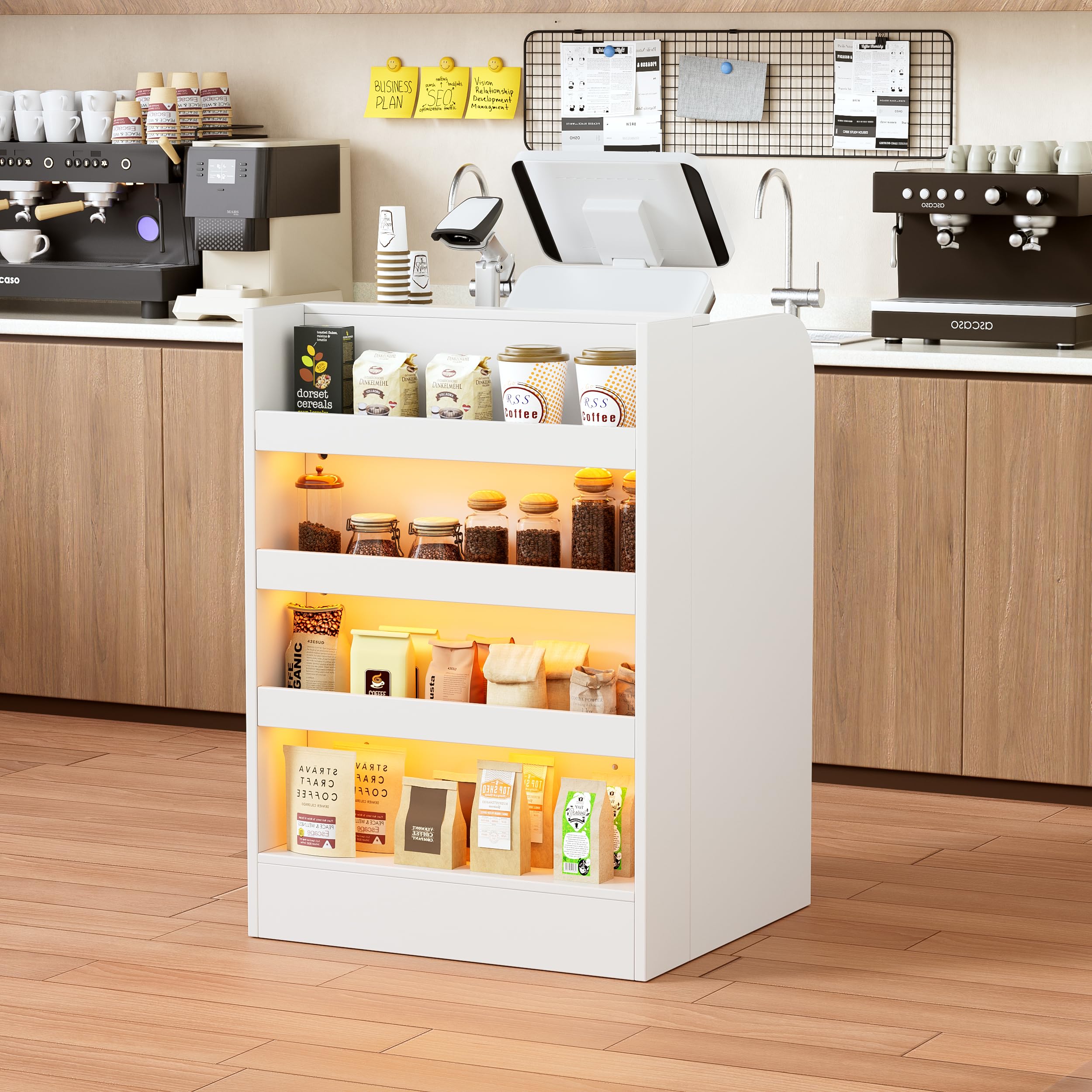 Mostrador de Recepción con Iluminación LED y Estante Expositor, Mesa de Mostrador con Cerradura y 4 Estantes, Pequeño Mostrador de Recepción para Oficina, Tienda, Salón, 95 x 60 x 60 cm, Blanco
