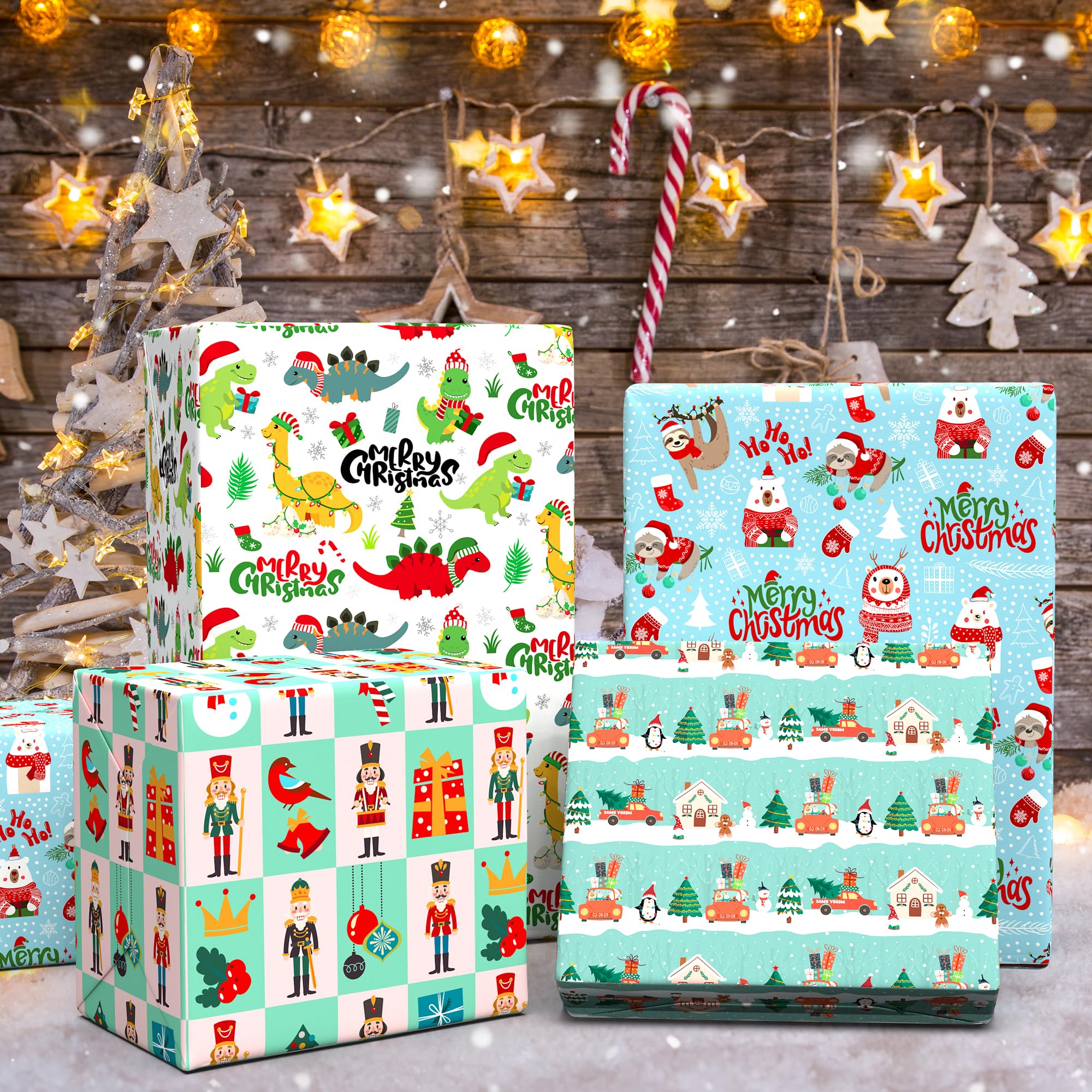 MotiGiftie Weihnachts-Geschenkpapier für Jungen und Mädchen – Weihnachtsmann, bunte Dinosaurier, Pinguin, Weihnachtsbaum, Nussknacker-Designs – Urlaubs-Geschenkpapier für Festival, 12 Blatt, je 50,8 x