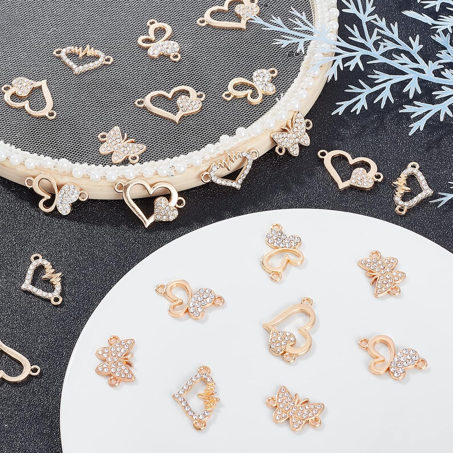 SUPERFINDINGS 64pcs 4 Styles Heart Rhinestone Connectors Butterfly Alloy Diamond Links Love Shape Golden Butterfly 2-Holes Charms Links for DIY Crafting Jewelry Making - Image 4