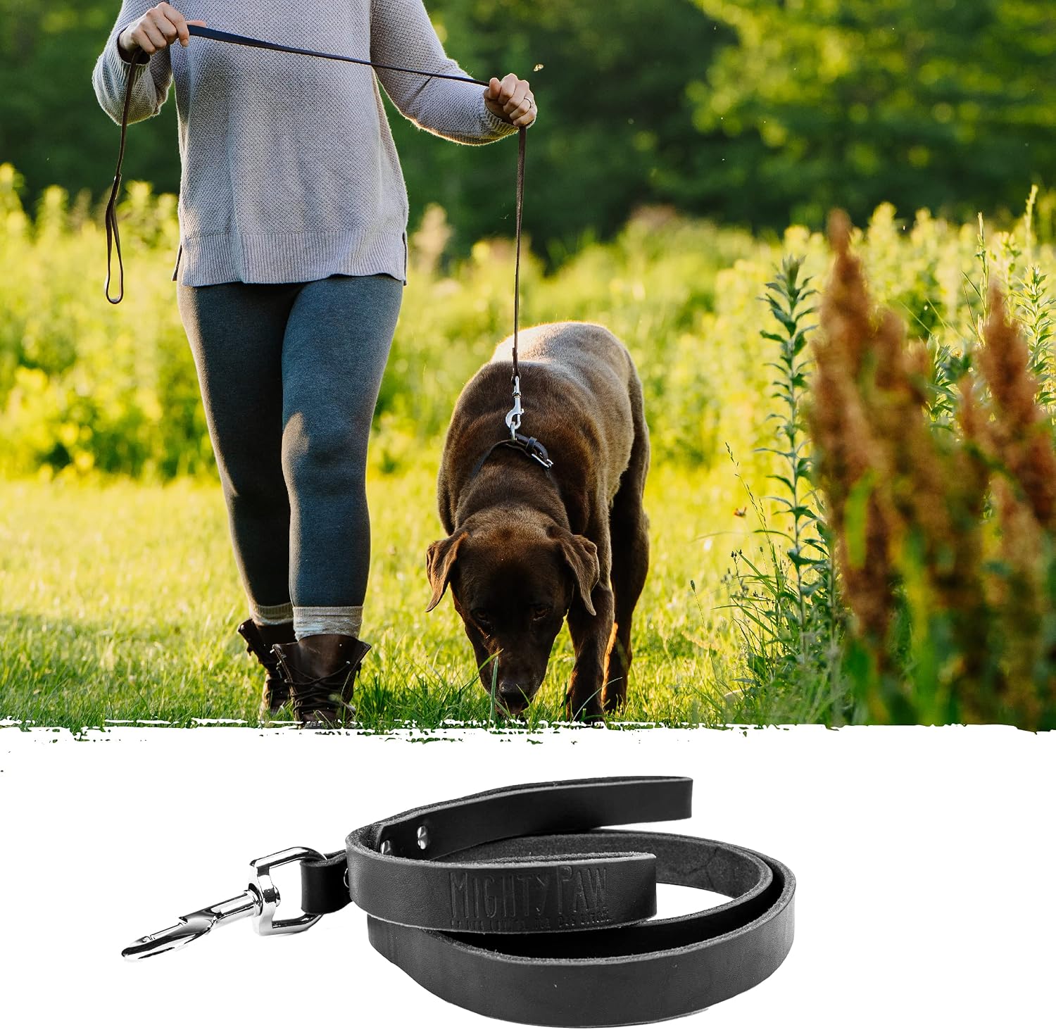 Mighty Paw Leather Dog Leash | 5 ft Leash Super Soft Distressed Real Genuine Leather- Premium Quality, Modern Stylish Lead. Perfect for Small, Medium and Large Pets