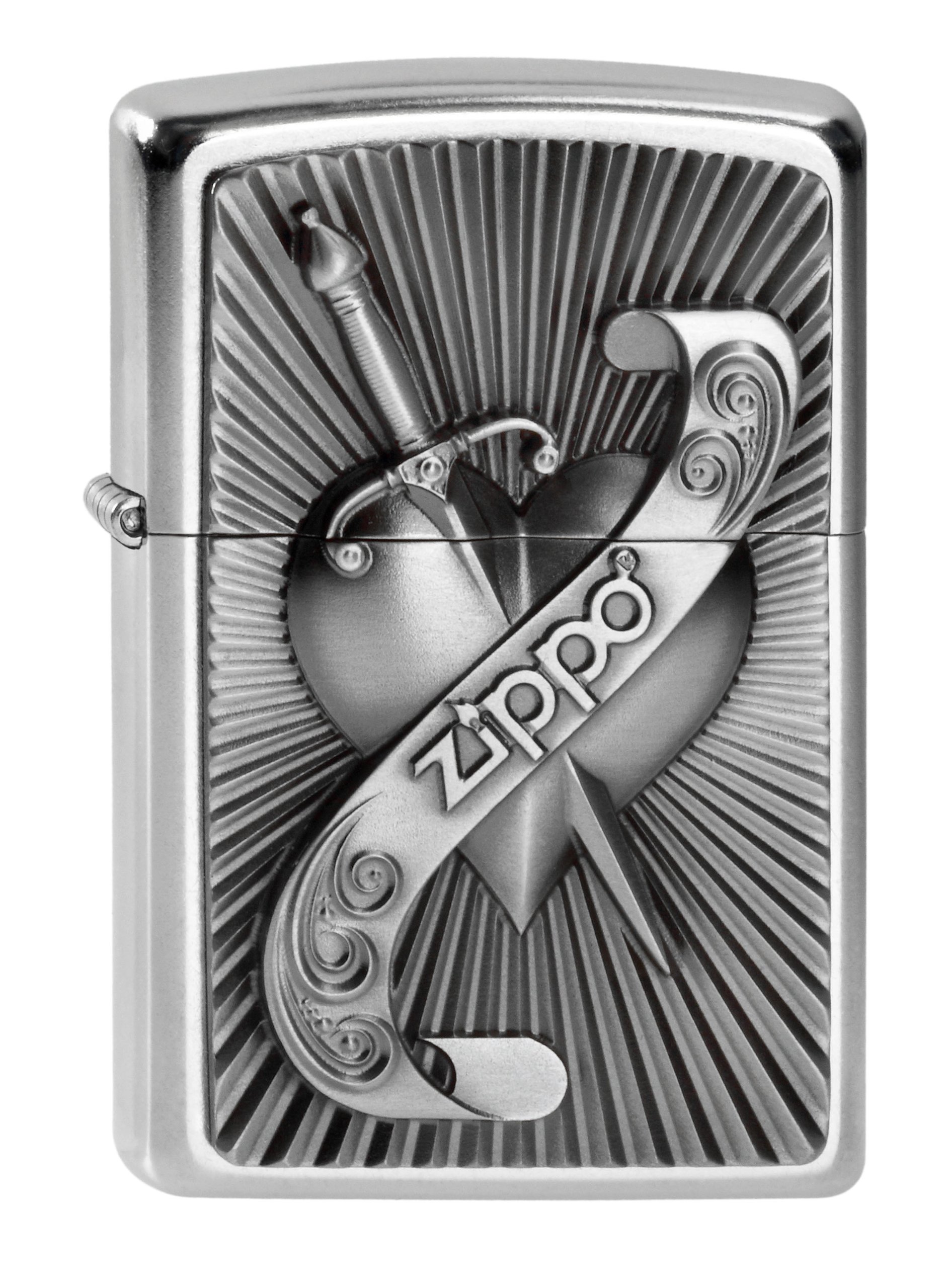 Heart with Sword Emblem Windproof Pocket Lighter - Chrome