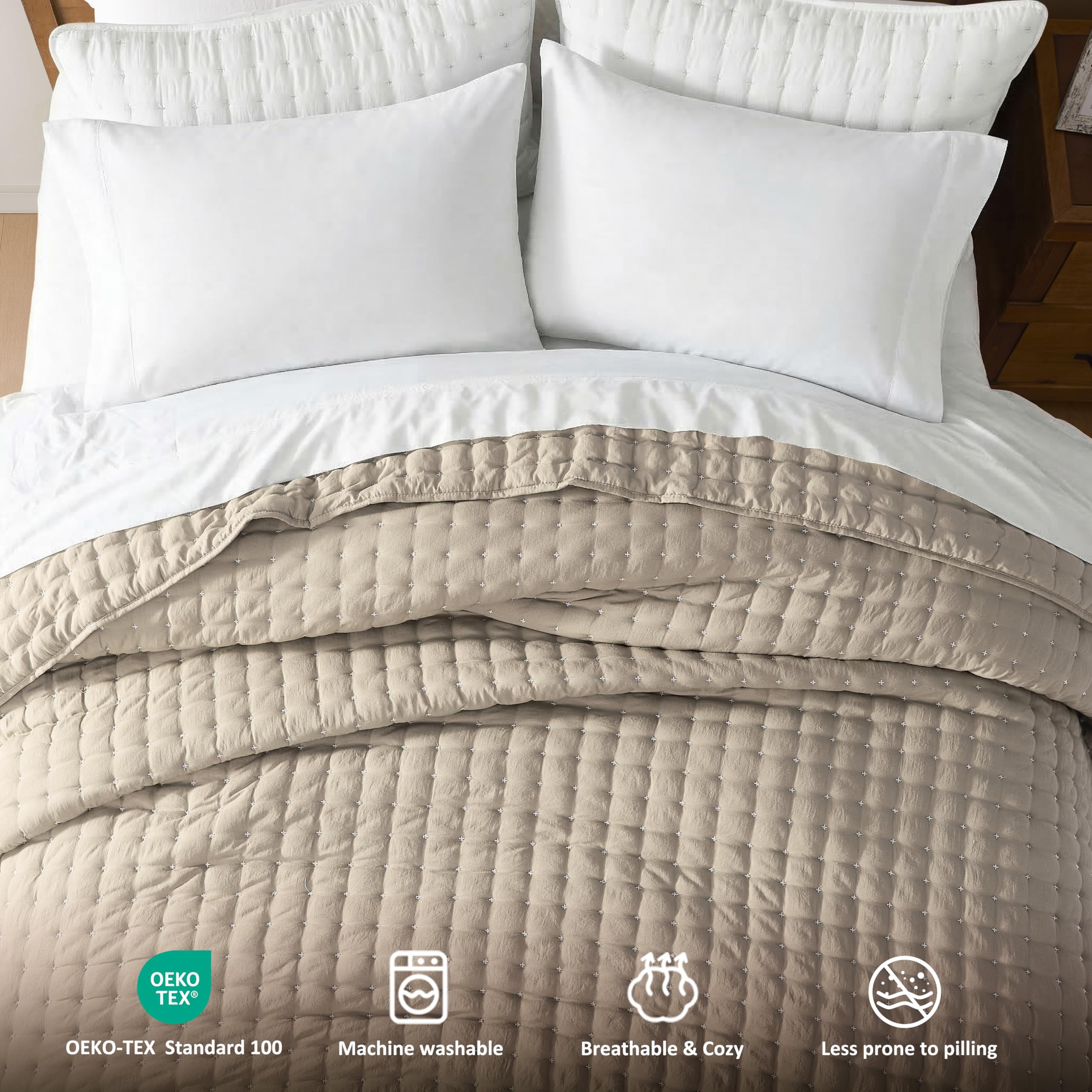 R.SHARE Copriletto Matrimoniale Estiva 300x270cm Beige, Trapunta Matrimoniale Primaverile, Trapuntino Leggero Coperta Divano Letto Multiuso Microfibra Morbido Confortevole OEKO (senza federa)