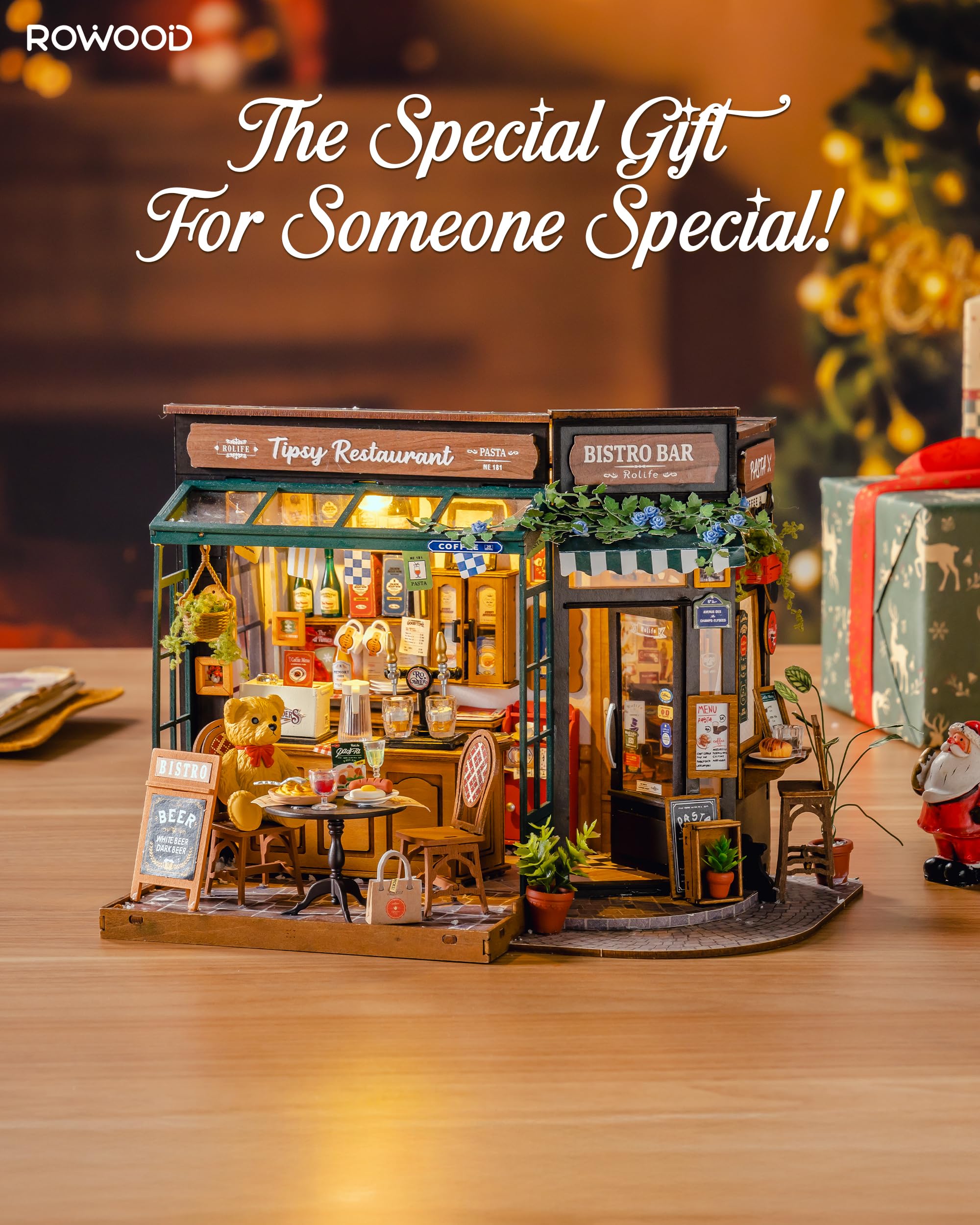 ROWOOD Zestaw domku dla lalek, Tipsy Restaurant, DIY miniaturowy dom rzemieślniczy pokój budowlany, drewniane zestawy modeli z akcesoriami dla dorosłych i nastolatków do budowania, wyjątkowy prezent