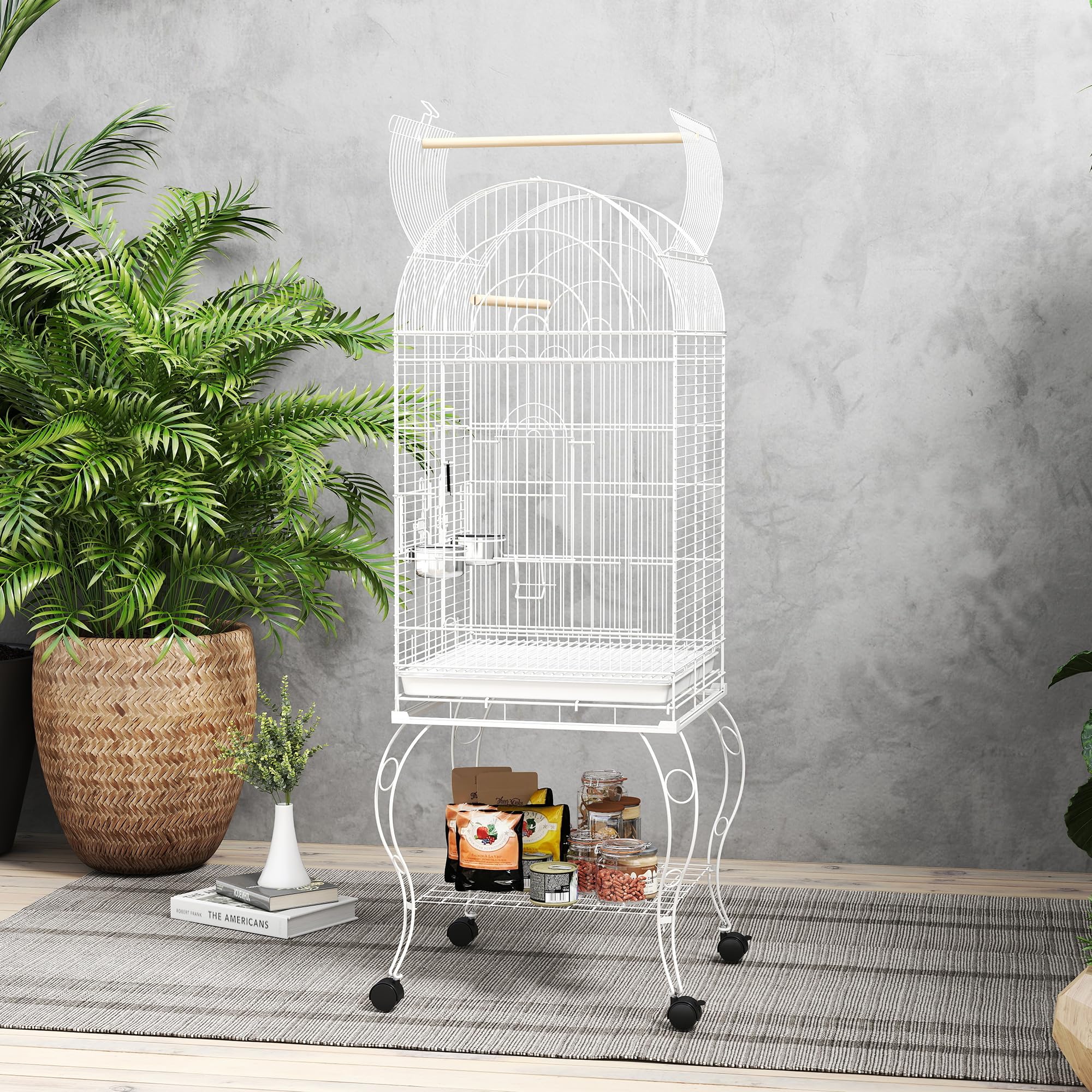 PawHut Jaula para Pájaros con Ruedas y Estante, 51x51x153 cm, Jaula Grande con Parte Superior Abatible, 2 Comederos, 2 Perchas, 4 Puertas y Bandeja Extraíble, para Loros y Canarios, Blanco