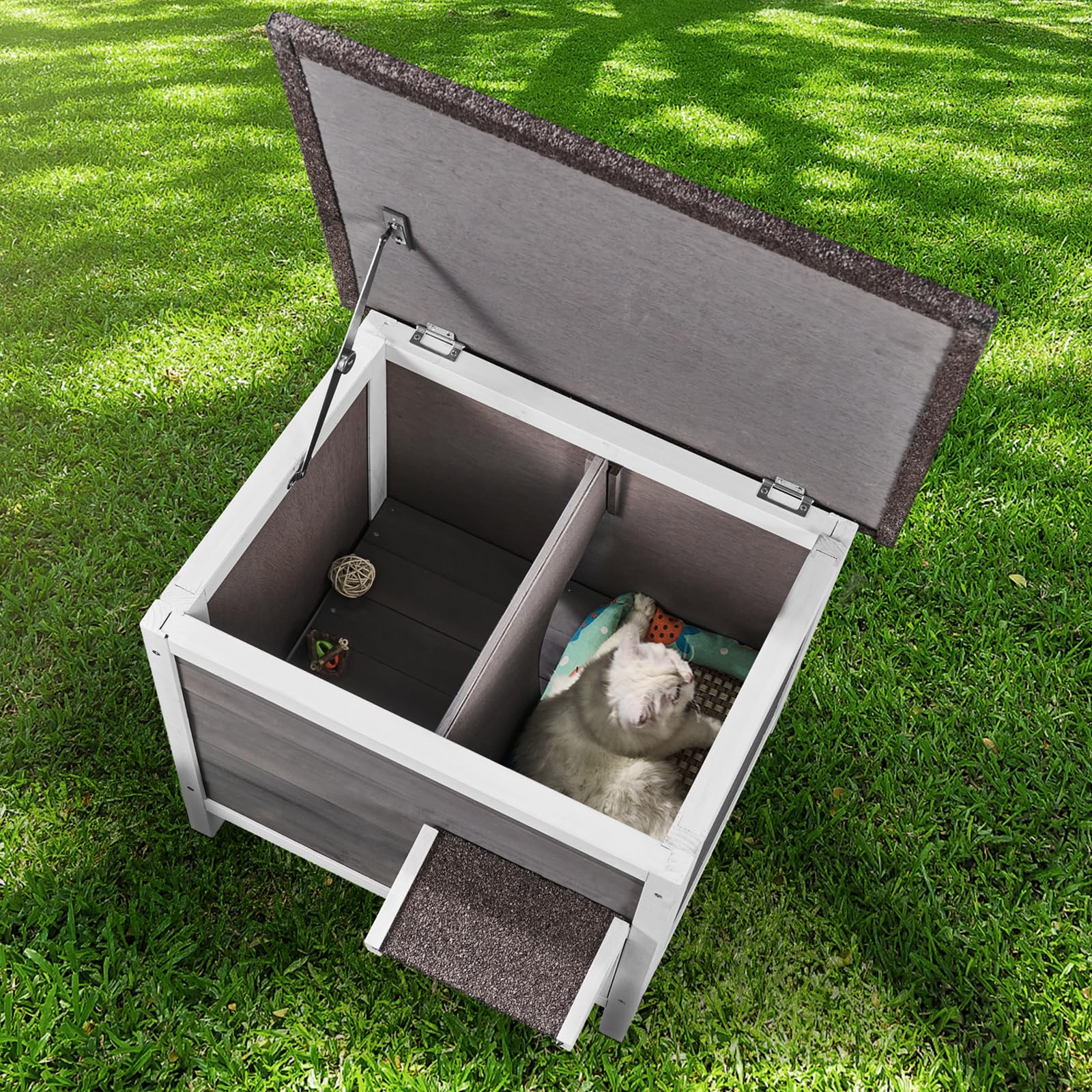 VEVOR Casa para Gatos de Exterior de 610 x 508 x 535 mm, Refugio para Varios Gatos de Madera de Exterior con Aislamiento de Espuma en Todos Los Lados, Techo Abierto, Puertas con Solapas de PVC, Gris