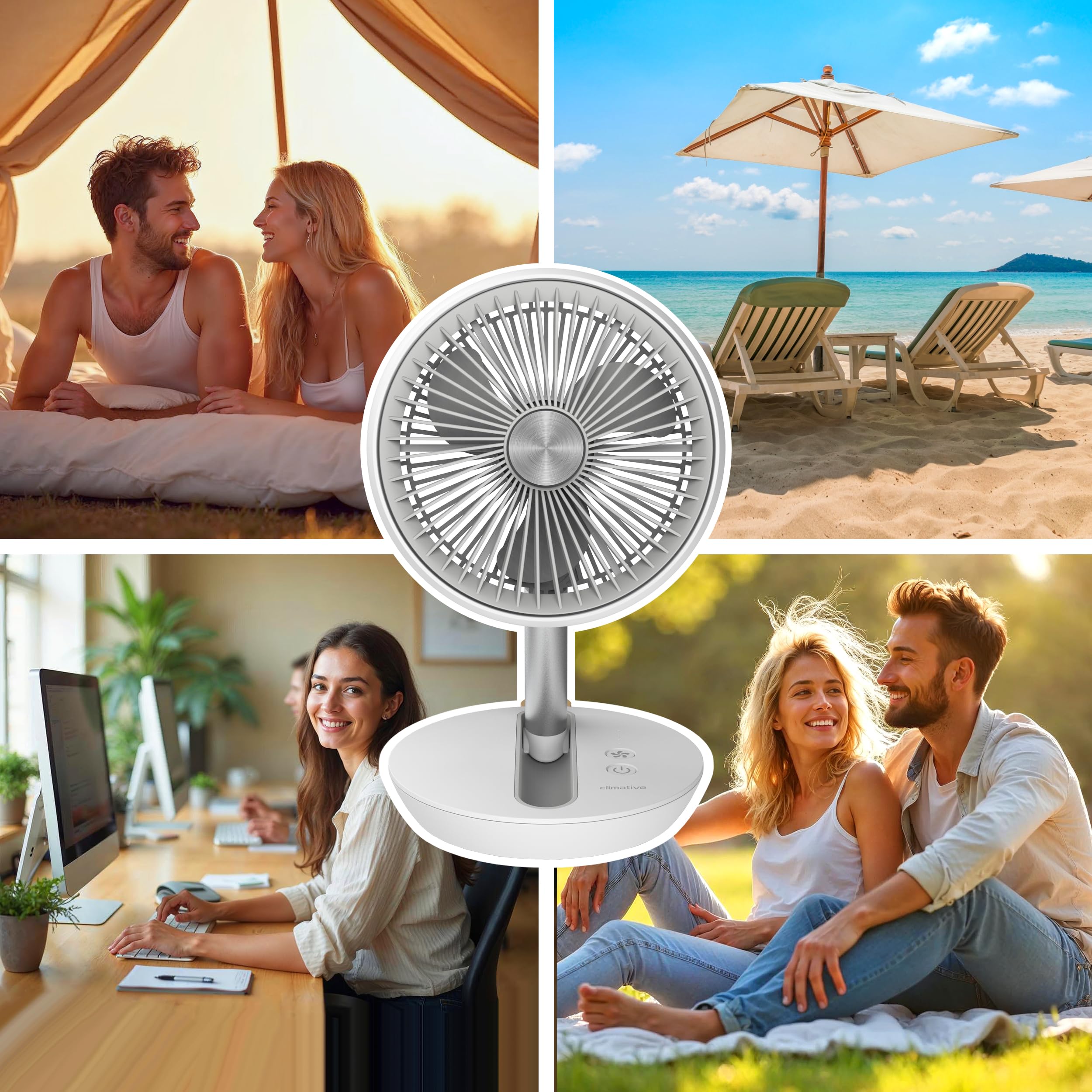 Tischventilator Sehr Leise Ø 19cm USB Ventilator Akku 15h Table Fan FlexiGo Faltbar 4 Modi 400 m³/h 180° Verstellbar Ventilator Camping & Büro Weiß