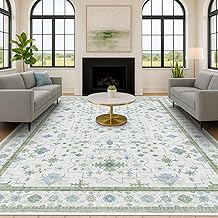 Hazo Haus Washable Rugs for Living Room 10x12 - Cream Blue and Green Oriental Floral Geometric, Low Pile Non Slip Extra Large Area Rug for Dining Under Table, Bedroom, Lounge