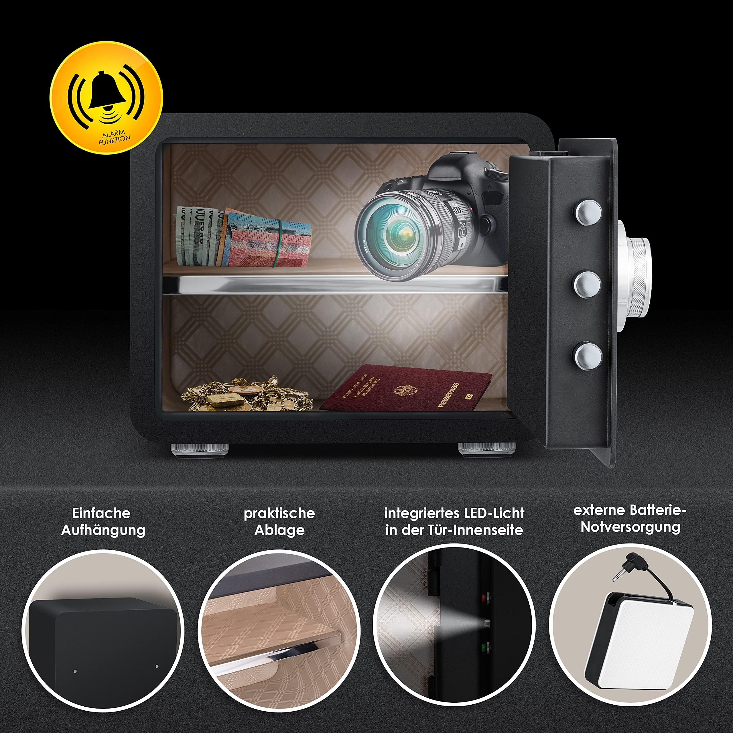 Cassaforte Elettronica KESSER Con Impronta Digitale - 34x25x28cm, Doppia Serratura, Da Parete O Mobile - Foto 6