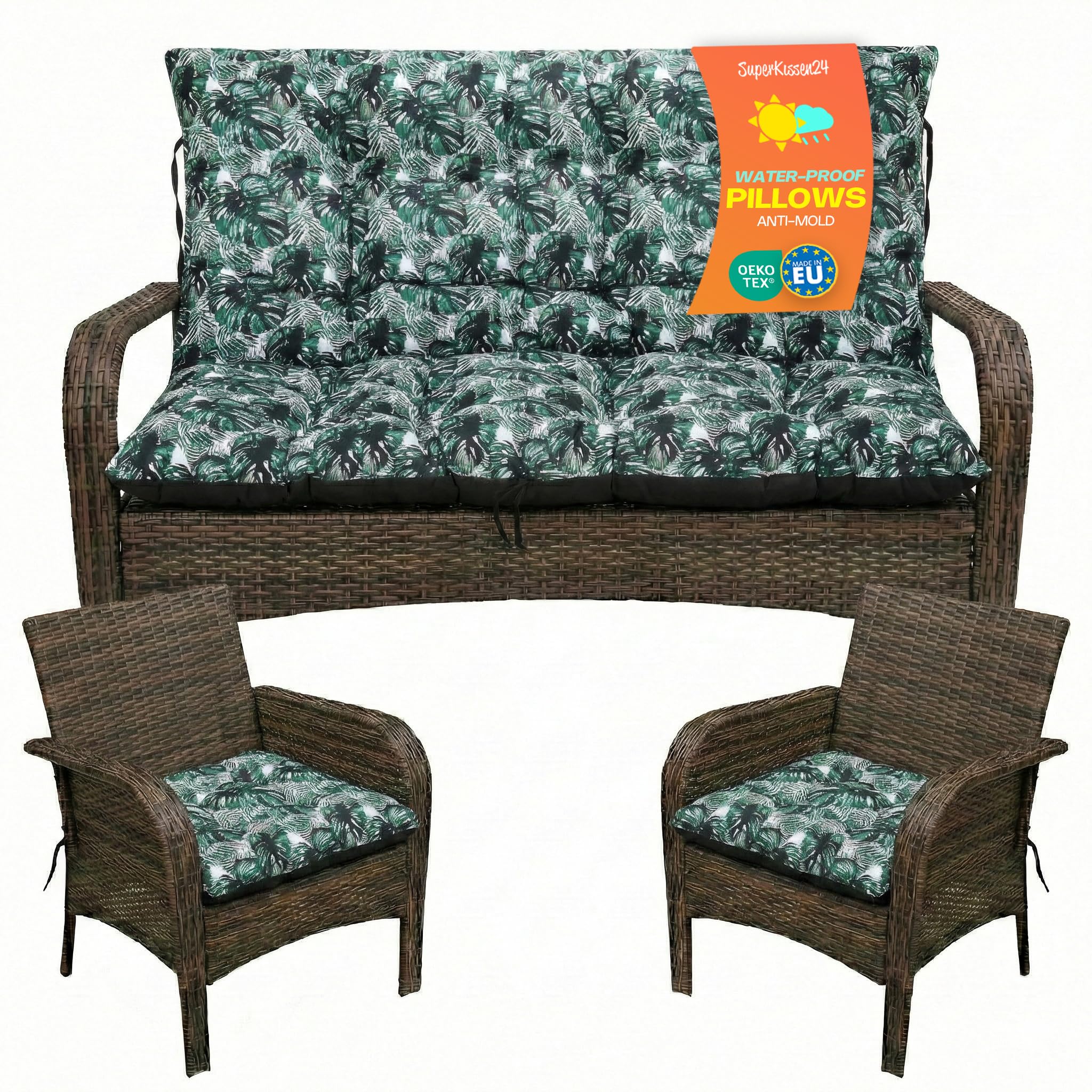 SuperKissen24. Coussin Dossier pour Banc de Jardin Canapé - 100x50 cm et Appui 100x60 cm + 2X 45x45 cm Coussin pour Chaise de Jardin - Intérieur/Extérieur – Imperméable - Exotic