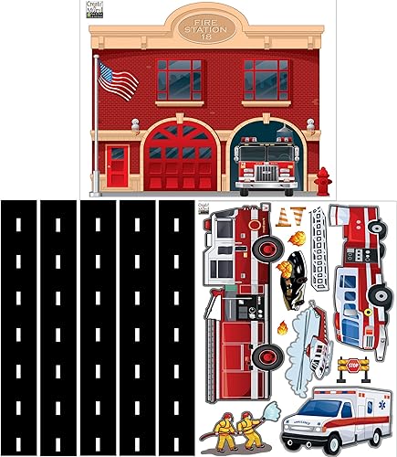 Miniatura 6 de Calcomanías de pared para el departamento de bomberos, decoración de pared para dormitorio de niños, camión de bomberos y vehículos de emergencia,