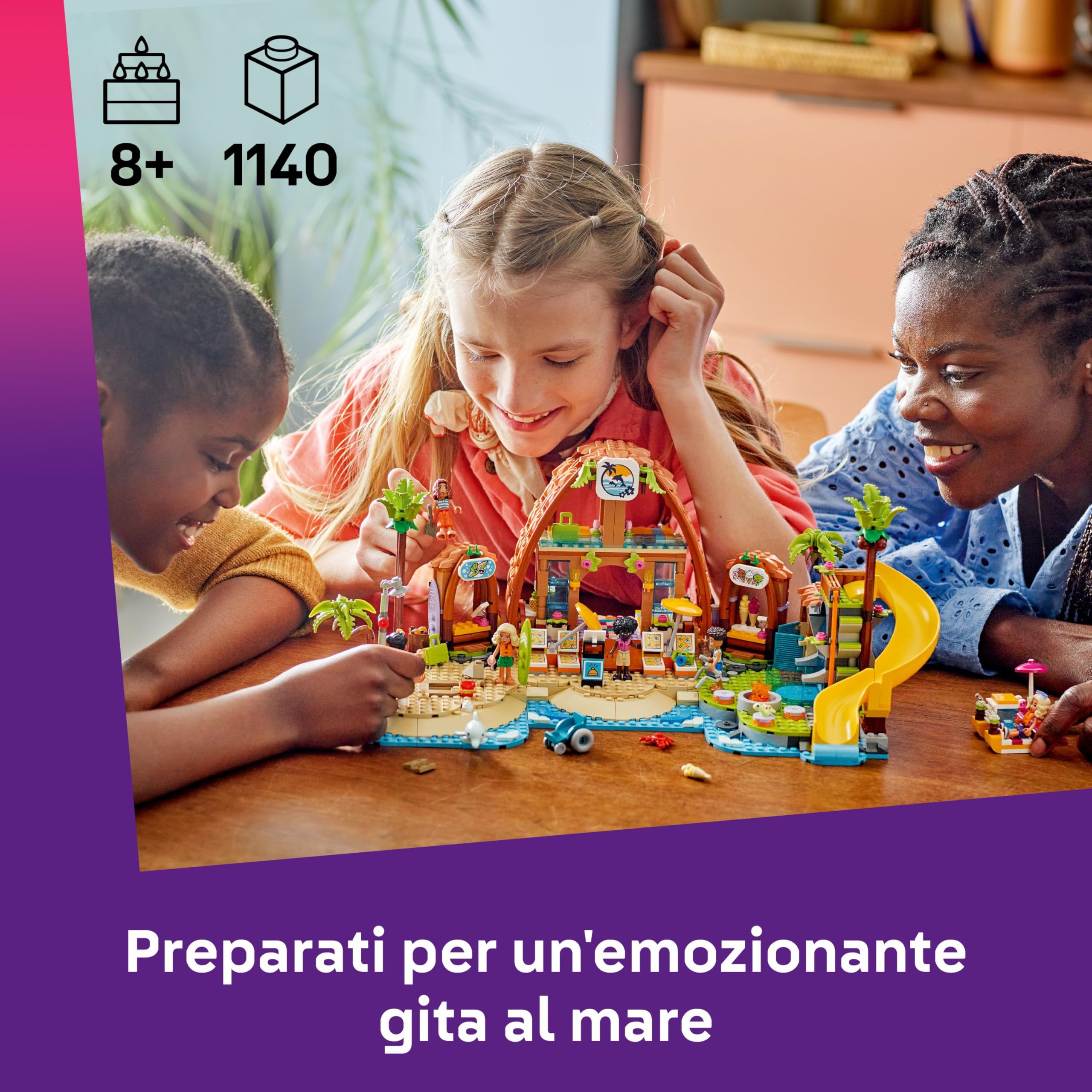 LEGO Friends Vacanza al Beach Resort - Gioco con 6 Mini Bamboline, Animali Giocattolo come Tartaruga e Delfino, Chiosco dei Gelati e Accessori - Regalo di Compleanno per Bambine da 8 Anni - 42673