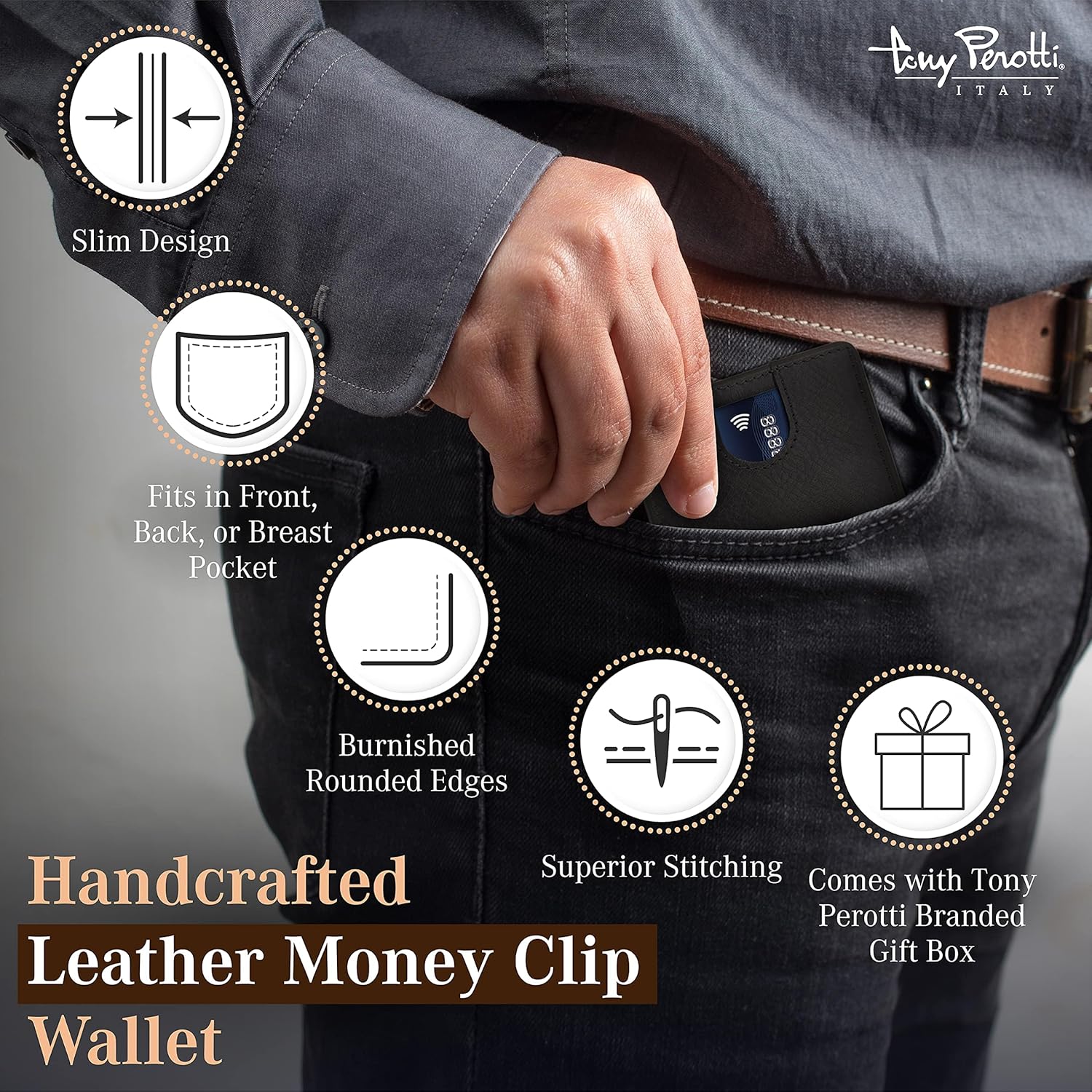 Tony Perotti Italian Leather Slim Money Clip Wallet - Men's Bifold Ultra Slim RFID Wallet With Credit Card Slots, ID Window - Eco-Friendly Tanned Full Grain - Made in Italy - Image 5