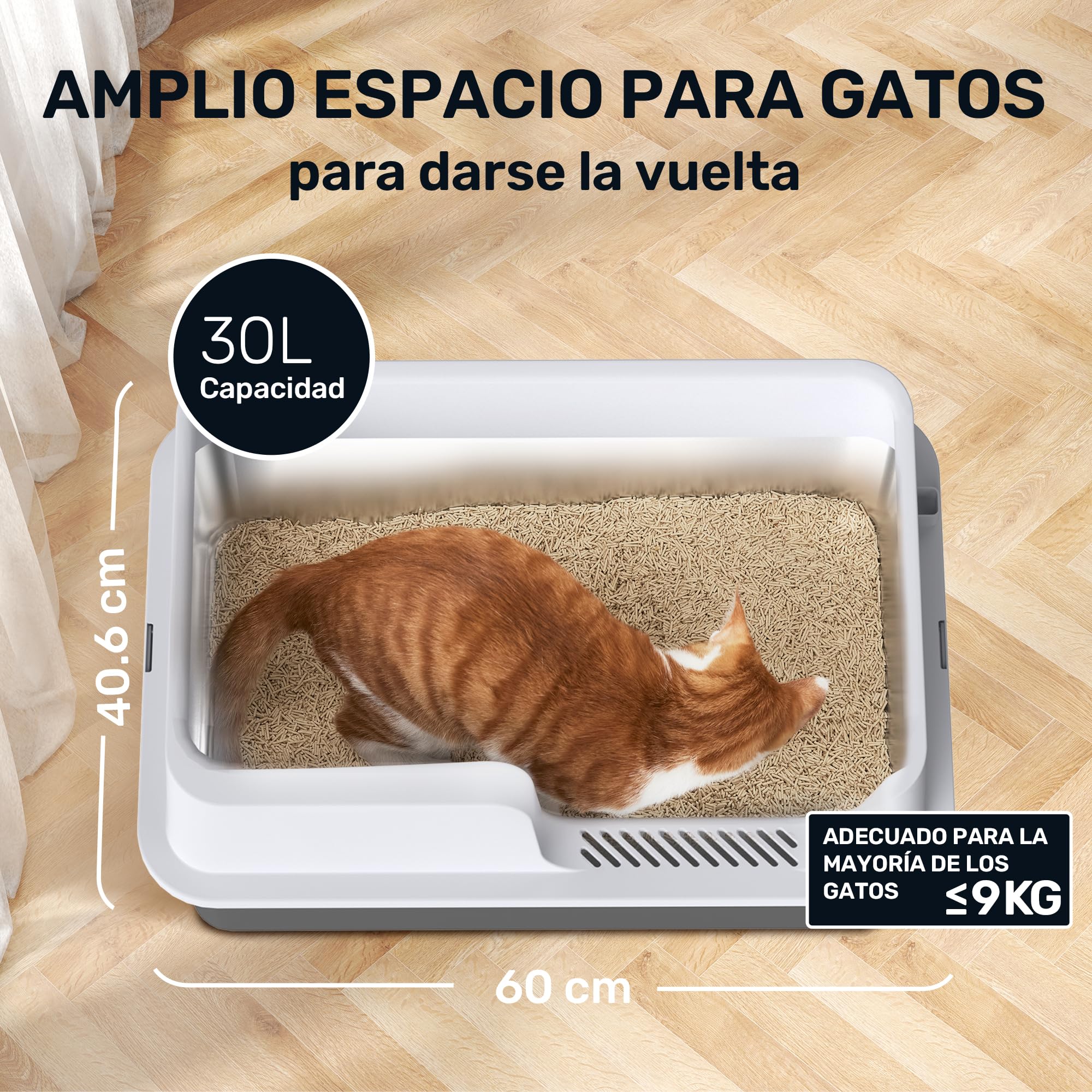 FUKUMARU Arenero para Gatos de Acero Inoxidable XXL, Paredes Altas, Gran Capacidad de 30L, con Dos Bolsas de Arena para Gatos de Tofu, No Adhesivo, Fácil de Limpiar, Incluye Pala, 60x40x30cm