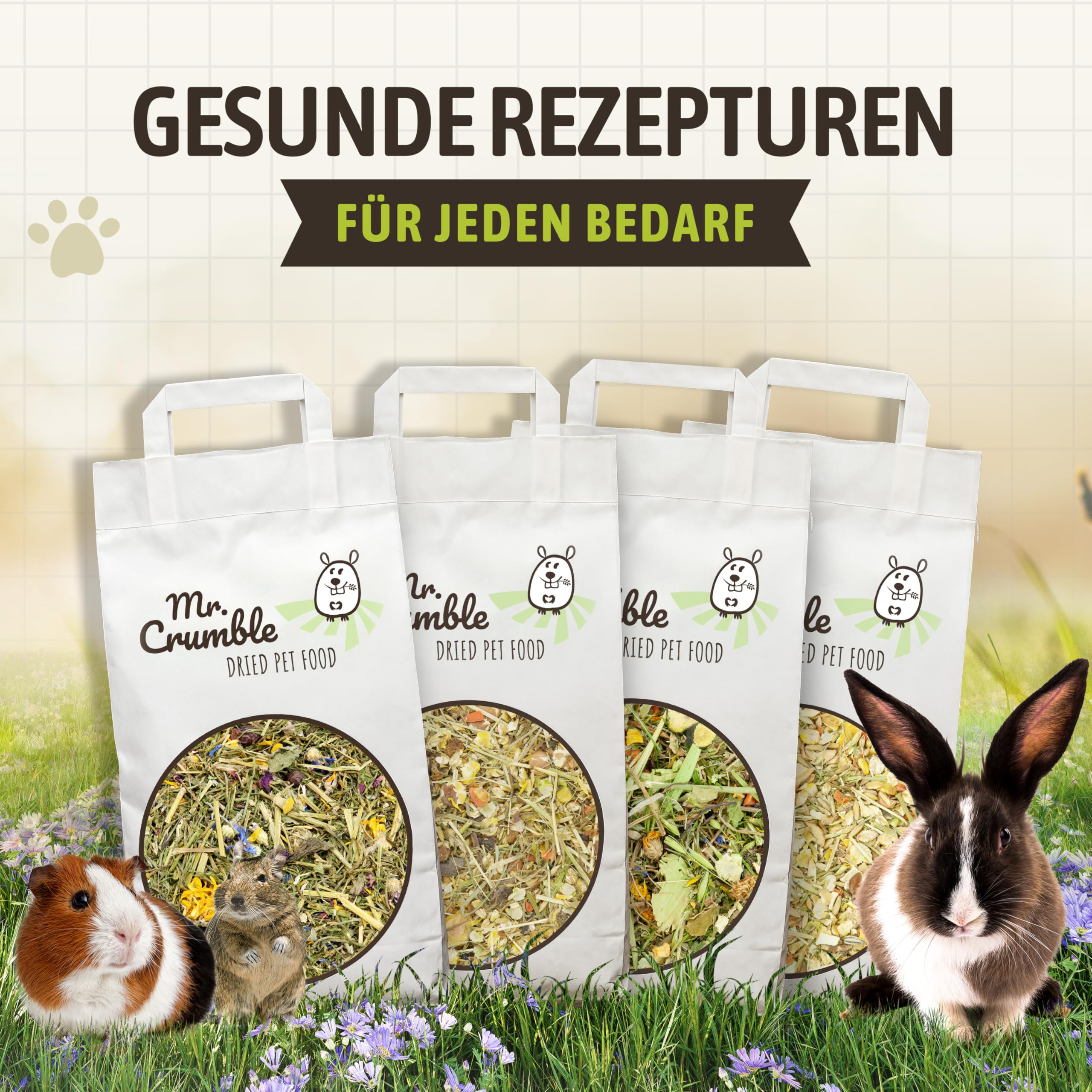 Mr. Crumble Struktur-Futter Wildwiese 5 kg – Getreidefrei & Pelletfrei – mit Kräutern & Blüten – hoher Rohfaseranteil für Verdauung & Zahnpflege bei Kaninchen, Chinchillas, Meerschweinchen & Degus