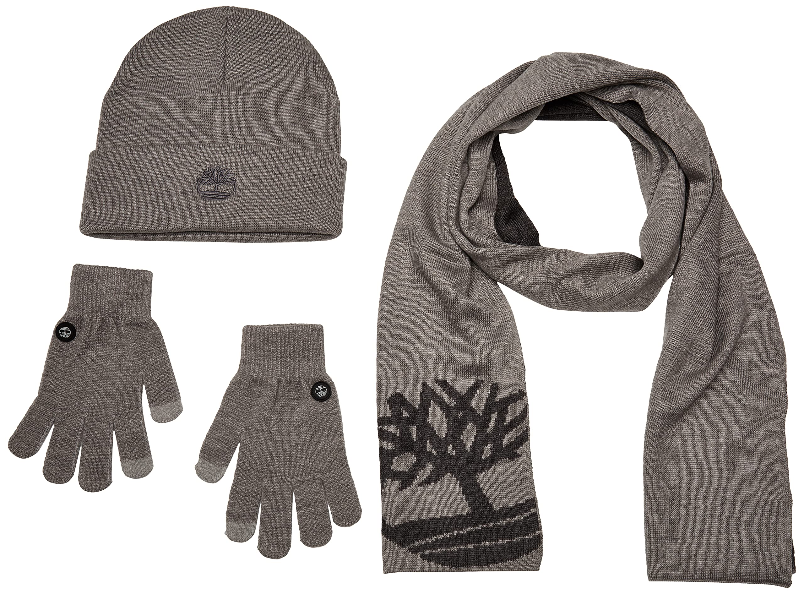 Timberland Women's Double Layer Scarf, Cuffed Beanie & Magic Glove Gift Set Hat, Mottled Light Grey, One Size