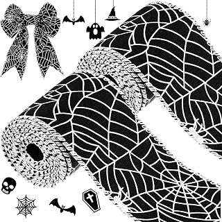 2 Rolls 12 Yards Halloween Wired Ribbons Spiderweb/Ghost Printed Ribbons Decorative Wrapping Ribbons Polyester Craft Ribbons for Halloween Home Party Decor Wreath DIY, 2.5 Inches (Spiderweb Style)