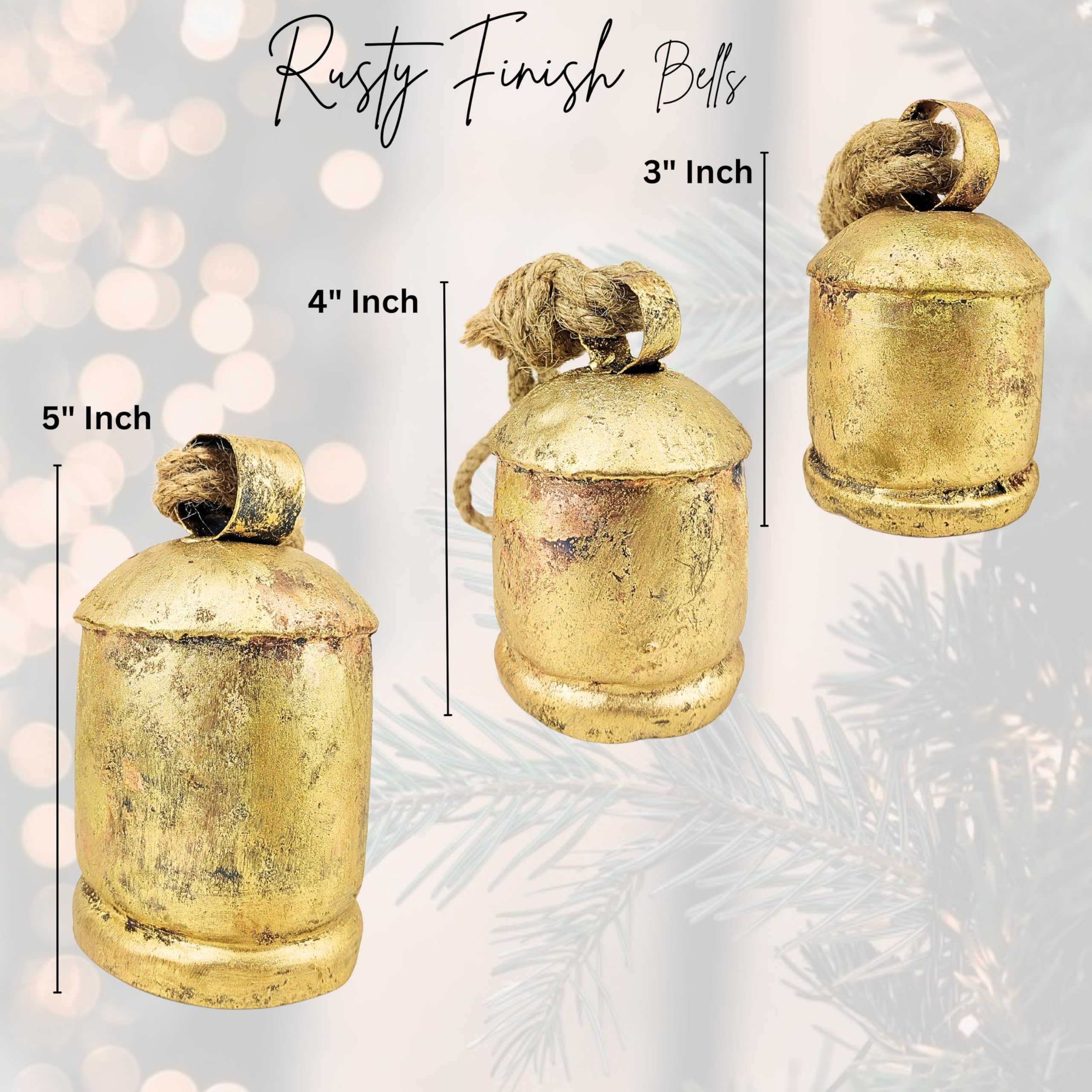 Averex Set of 3 Harmony Chic Cow Bells Huge Rustic Christmas Vintage Handmade Hanging Lucky Bells On Rope (Country Rustic, Large), Medium, Golden