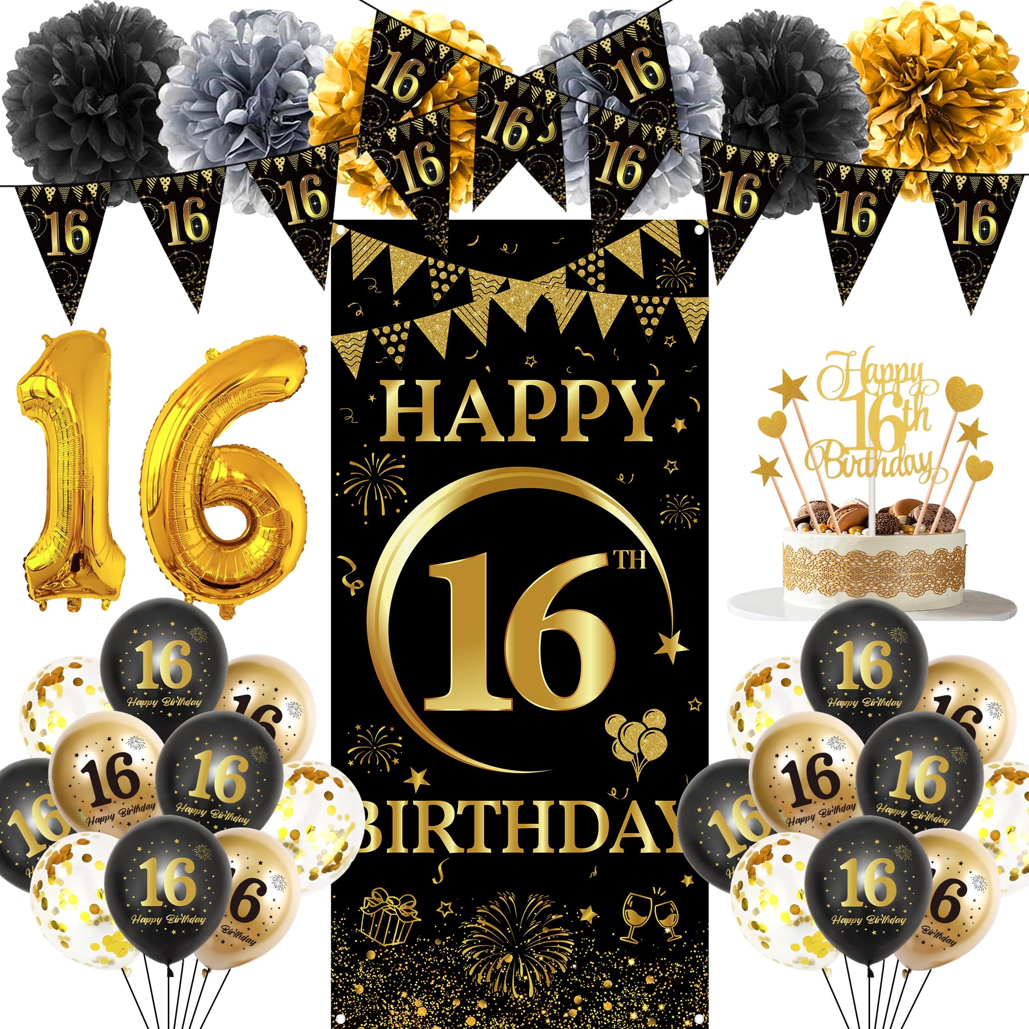 16th Birthday Decorations Boys Set - 37 Pcs Black Gold Party Supplies with Backdrop Banner, Number 16 Foil Balloons, Latex Balloons and Paper Pom Poms for Adult 16th Milestone Celebration