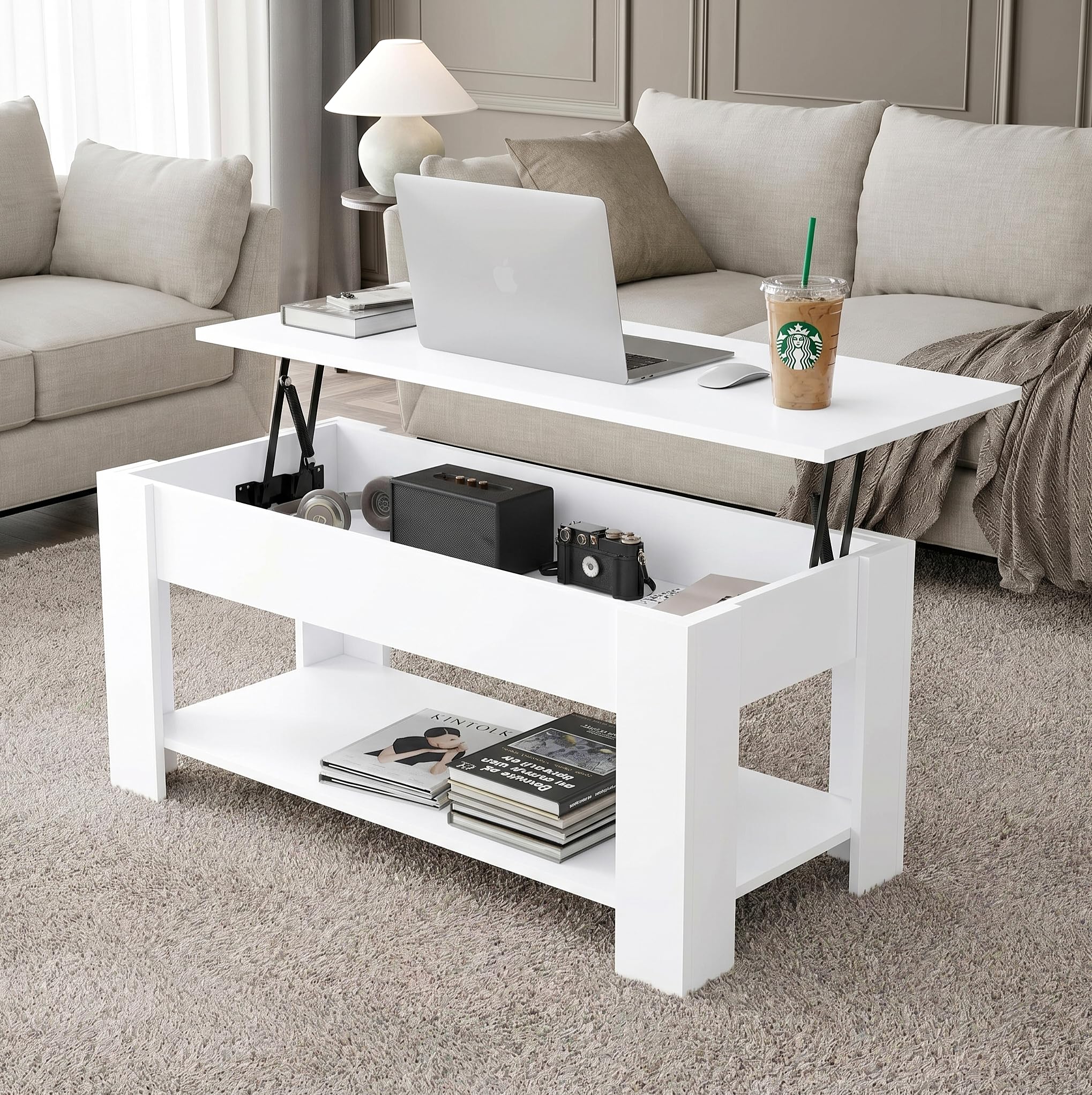 Blisswood Coffee Table with Storage, Lift Up Coffee Tables for Living Room, Wooden Coffee Table with 1 Shelf Large Hidden Storage Modern Rectangular Sofa End Lift-Top Tea Table Furniture (White)