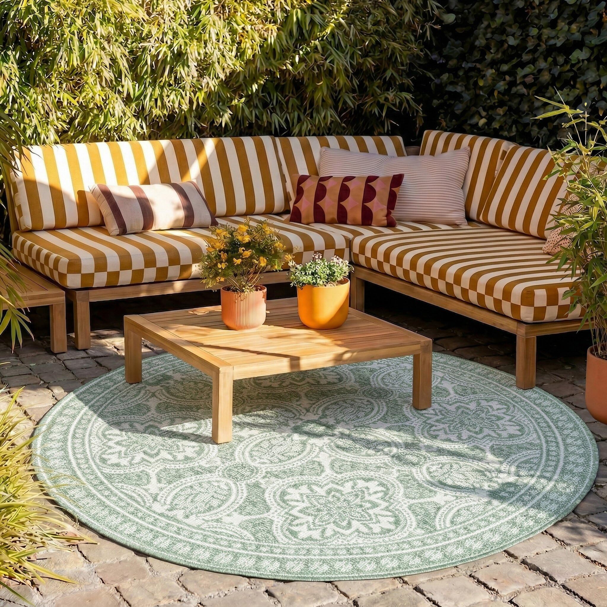 FRAAI | Home & Living In- & Outdoor Teppich Rund - Summer Oriental Grün - Wetterfest - Polypropylen - Ø 100 cm - Balkon, Garten/Terrasse - Terrasse Teppich - Outdoor Rug