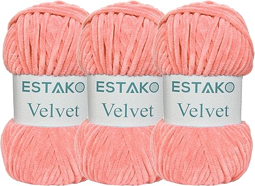 Miniatura 45 de Estako Velvet (Paquete de 3 madejas) Hilo de Chenilla para Amigurumi para Crochet y Tejido Súper Grueso 3x100 gr (3x120 m) (1110 - Blanco)
