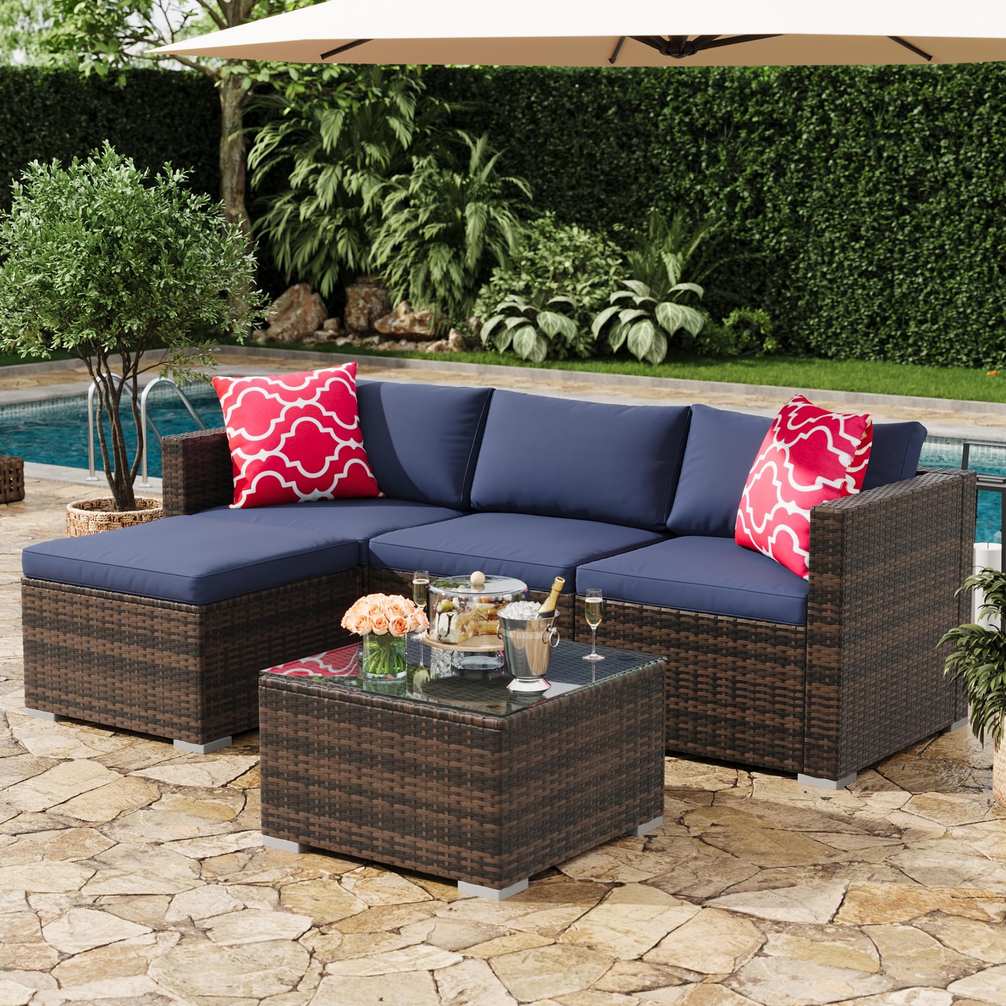 MilleLoom 5-Piece Outdoor Sectional Sofa Set, All-Weather PE Rattan Patio Furniture with Ottoman & Tempered Glass Table, Convertible Garden Couch for