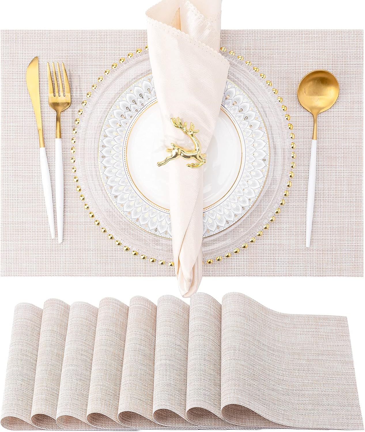 Placemats, Set of 8 Heat Resistant Stain Resistant Anti-Water Non-Slip Placemats for Dining Table, Washable Durable PVC Place Mats Weave Vinyl Table Mats(Beige): Kitchen & Dining