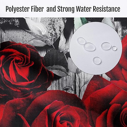 Miniatura 4 de Juego de cortinas de ducha de 4 piezas, diseño de hojas de rosas rojas con alfombras antideslizantes, cubierta para tapa de inodoro y tapete de