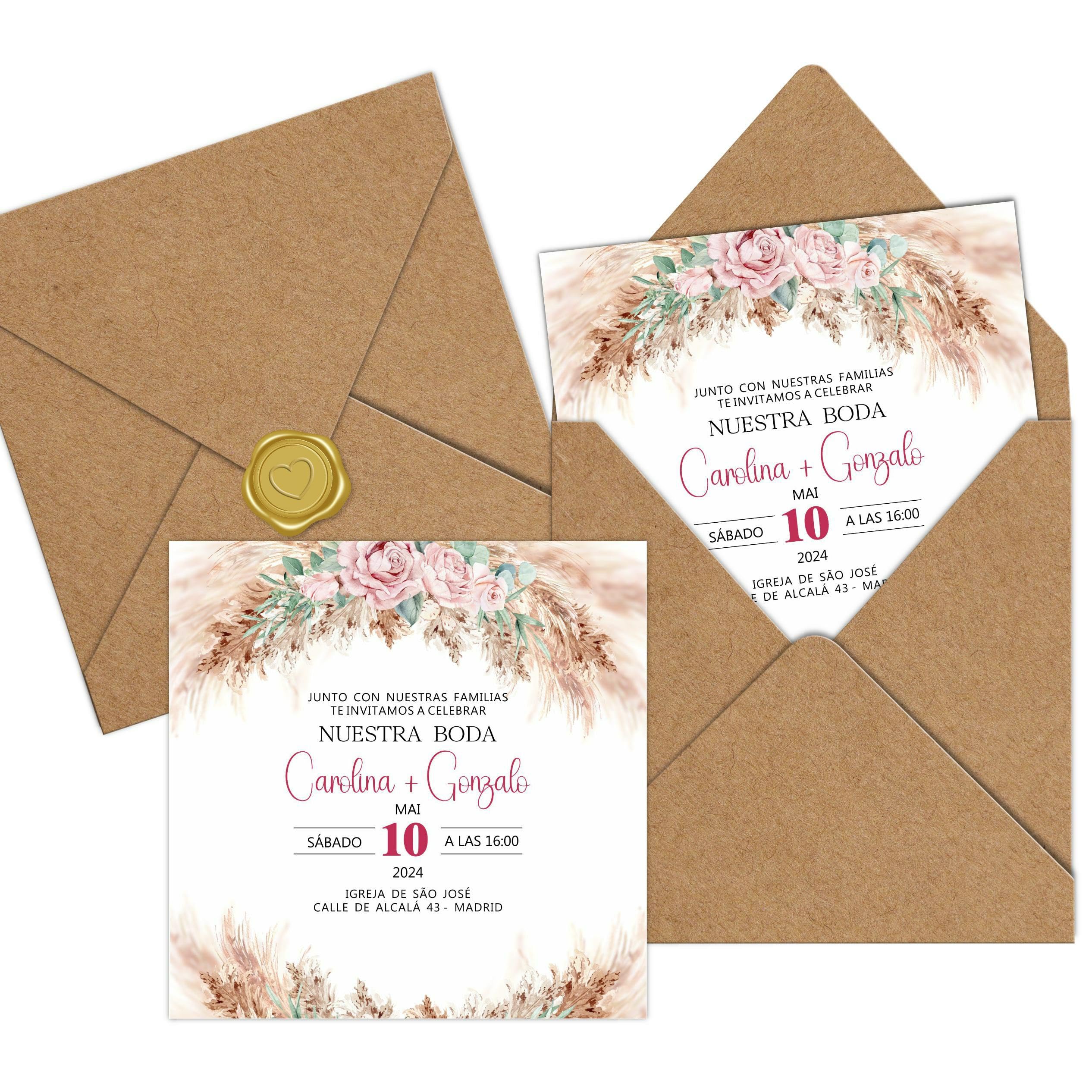 ADOREI - Invitaciones de boda personalizadas 14x14 cm - 25 unidades/Convites de casamento personalizados 14x14 cm - 25 unidades (Modelo 1)