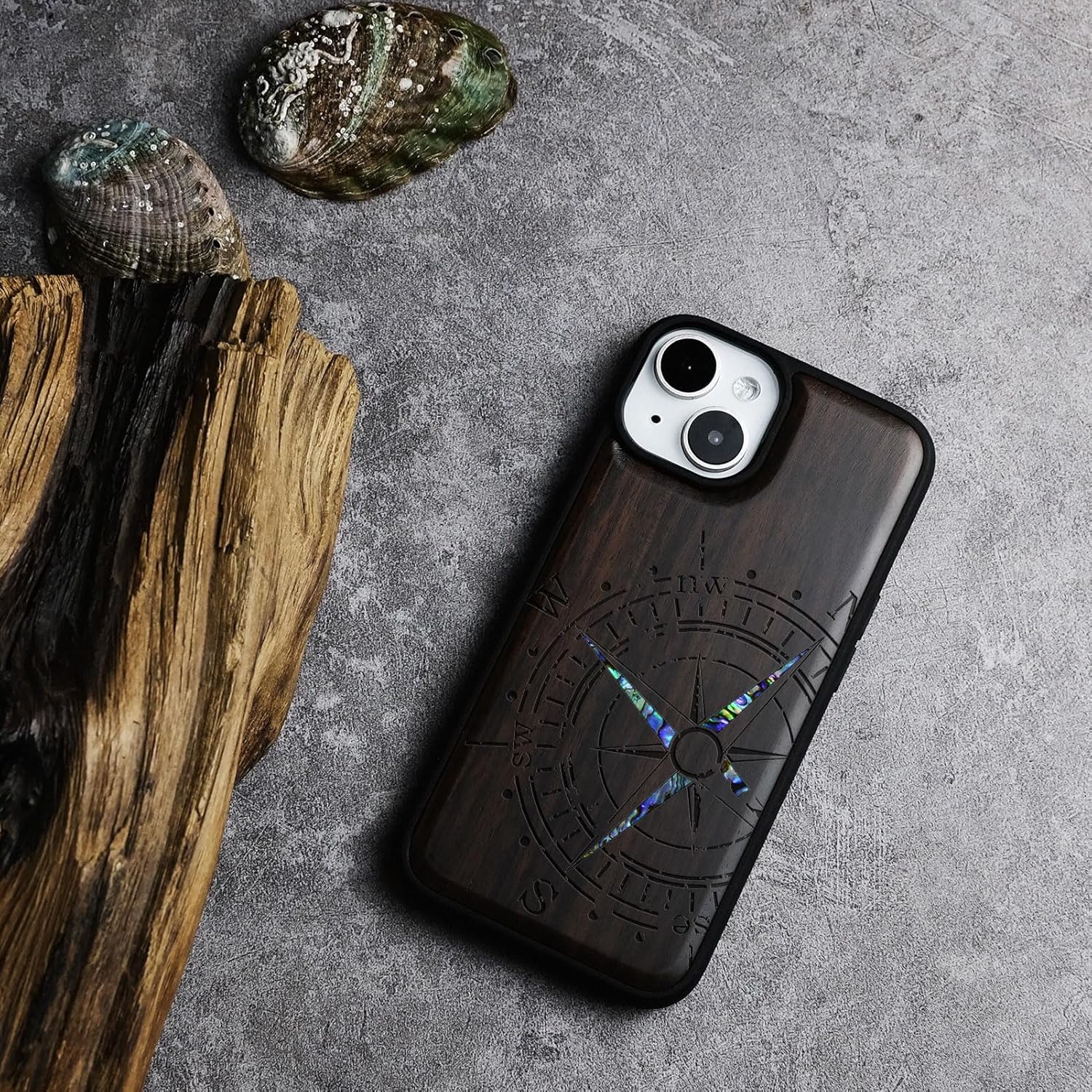 Carveit Wooden Case for iPhone 15 Magnetic Case, Compatible with MagSafe Wireless Chargers, Shockproof Cover, Handmade Shell Inlaid & Wood Artisan Engraved (Incomplete Compass) Blackwood