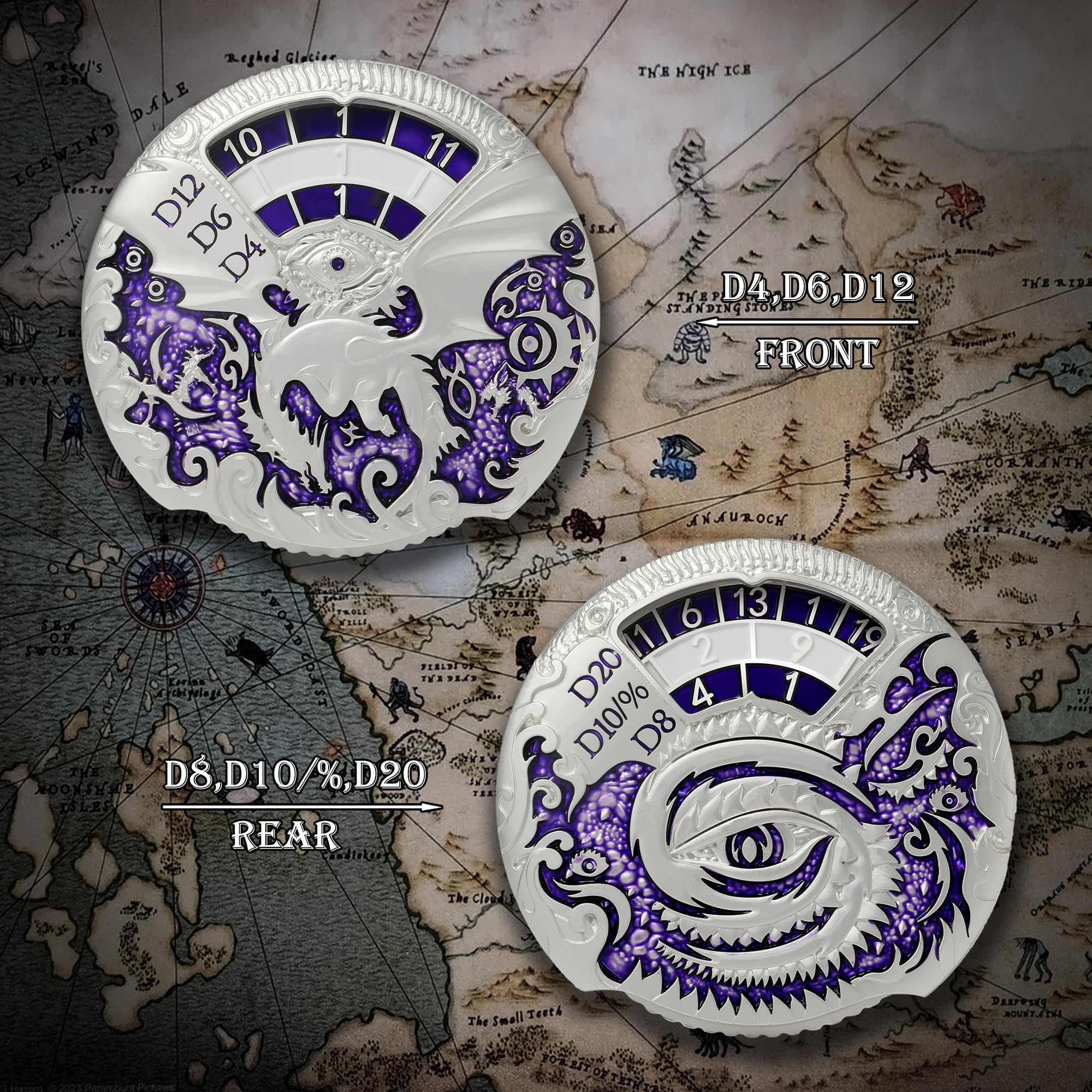 DNDND Dungeons and Dragons Roulette Spinner Würfel 7-in-1 Spinner Metall D&D-Würfel-Set mit wunderschöner Geschenkbox für Dungeons and Dragon und Tischspiel (Silber mit Lila)