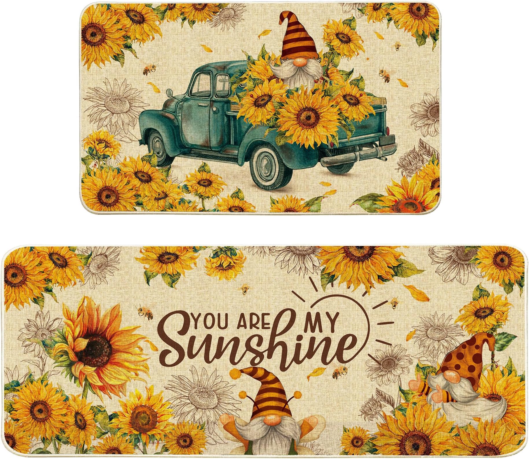 Sunflower Kitchen Decor, Sunflower Kitchen Rugs Set of 2 - Farmhouse Gnomes and Truck Kitchen Mat for Floor - Spring and Summer Sunflower Decor and Accessories for Home 17"x27+17"x47"
